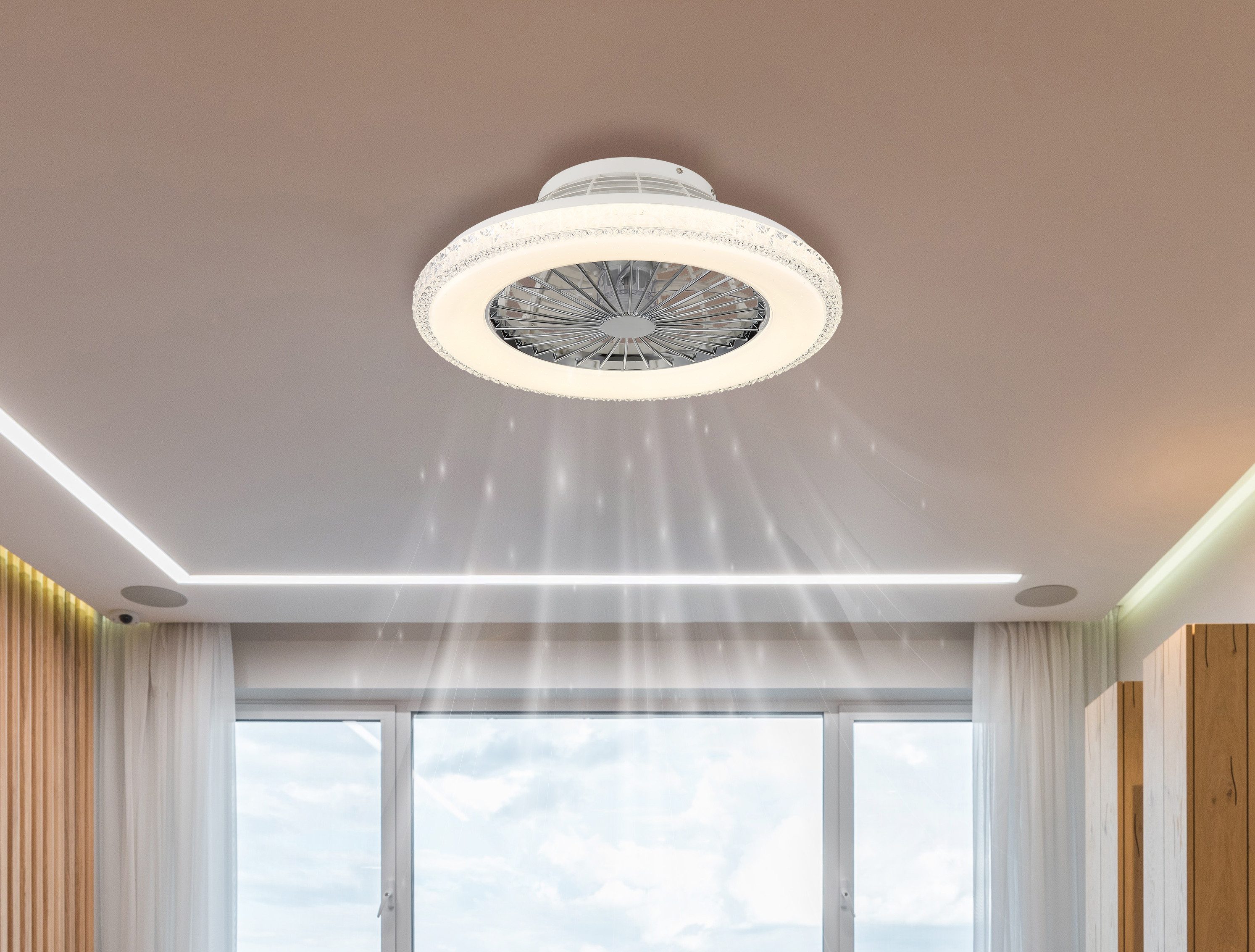 GLOBO LIGHTING Deckenleuchte CORUSSO, Dimmfunktion, Fernbedienung, Infrarot inkl., Memoryfunktion, Nachtlichtfunktion, Timerfunktion, Ventilatorfunktion, mehrere Helligkeitsstufen, LED fest integriert, Ventilator /Schlafzimmer / Wohnbereich /Arbeitszimmer / verchromt rund