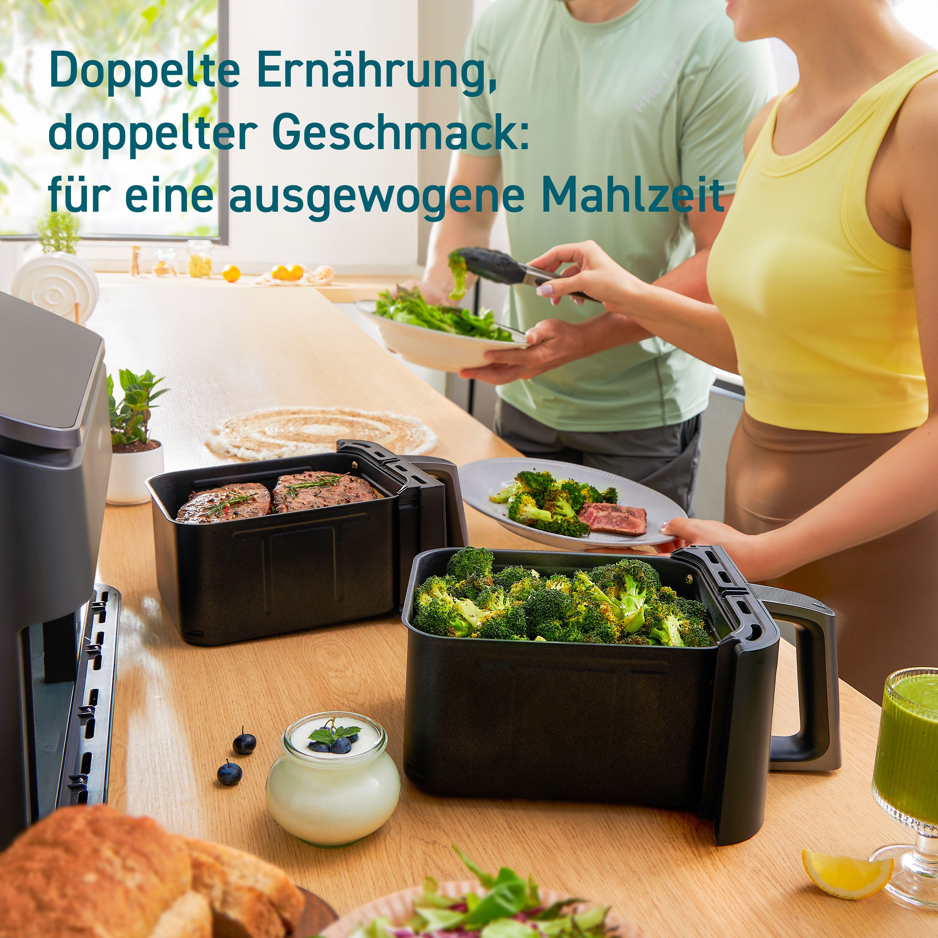 Cosori Heißluftfritteuse COSORI DualBasket Heißluftfritteuse CAF-R901-AEUR, 8,5 L, 2 Kammern, Sichtfenster, Metall-Garraum, 1750 W – Bild 4 von 5