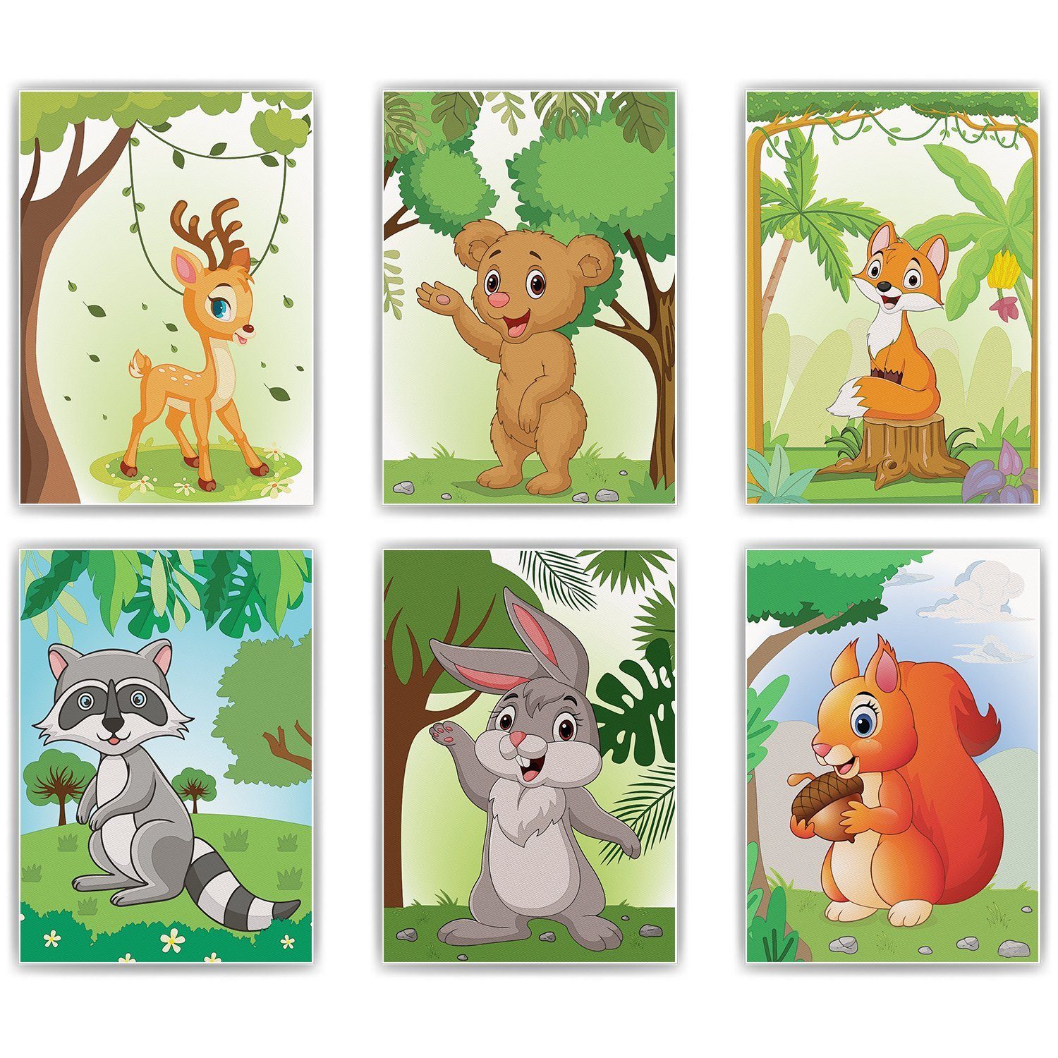 Poster Waldtiere Bilder 6er Set Kinderzimmer Reh Bär Fuchs Waschbär Hase