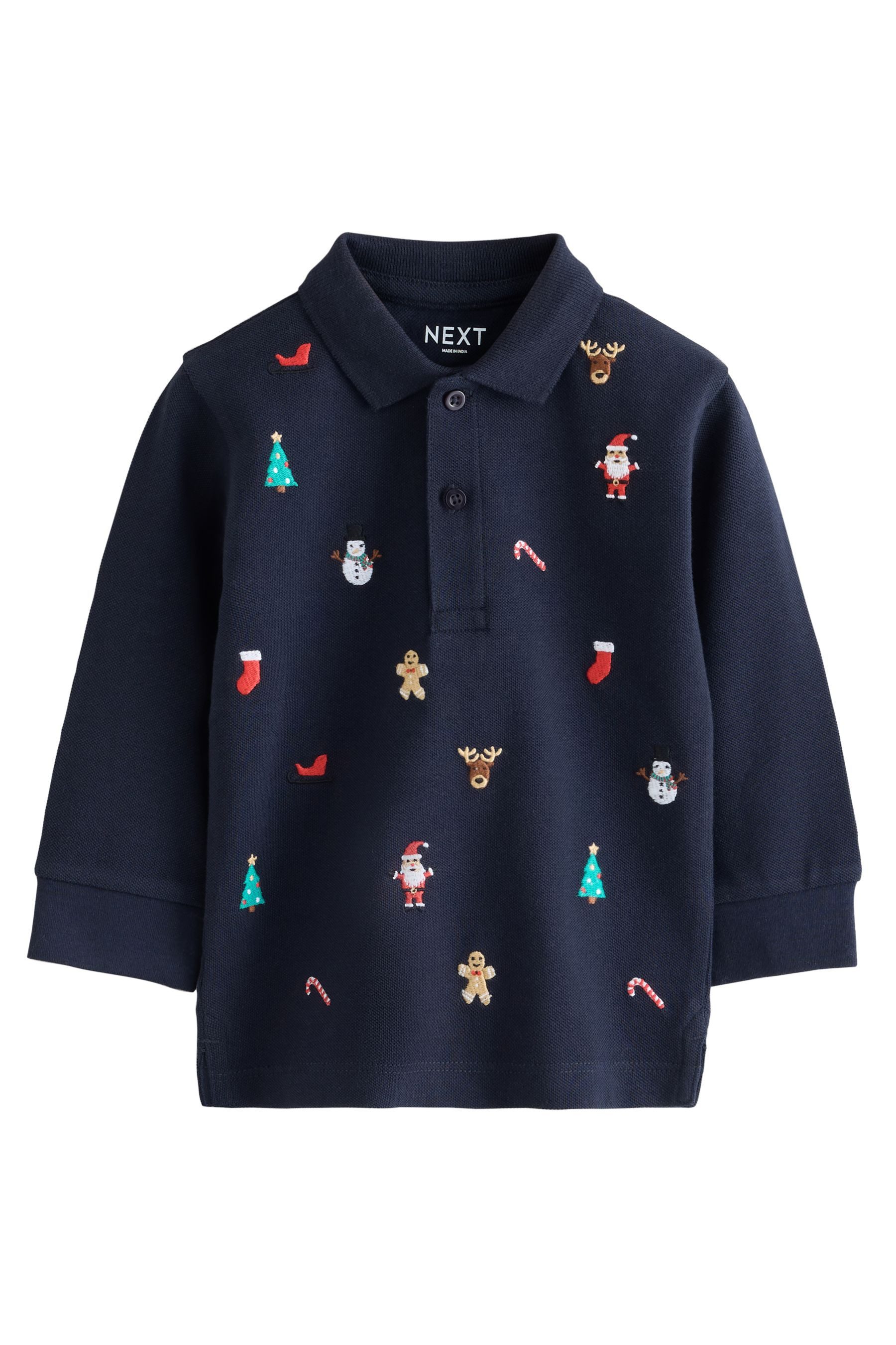 Next Langarm-Poloshirt Langarm-Poloshirt mit weihnachtlicher Stickerei (1-tlg)