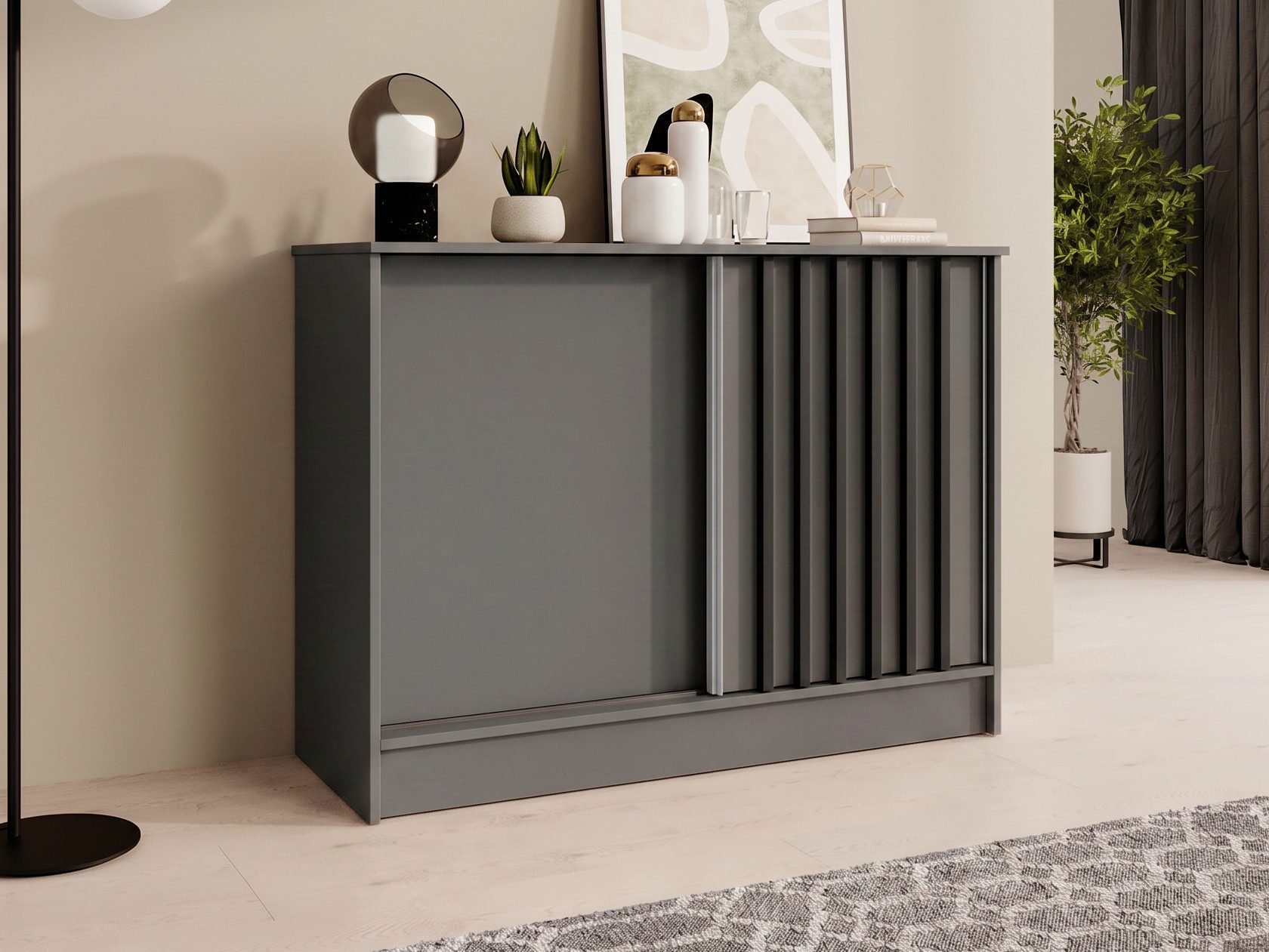 Beautysofa Kommode mit 2 Schiebetüren HORIZON (in 100 cm, 120 cm oder 160 cm, verschiedene Farben: Eiche Artisan, Schwarz, Weiß, Kaschmir), mit dekorativen Lamellen