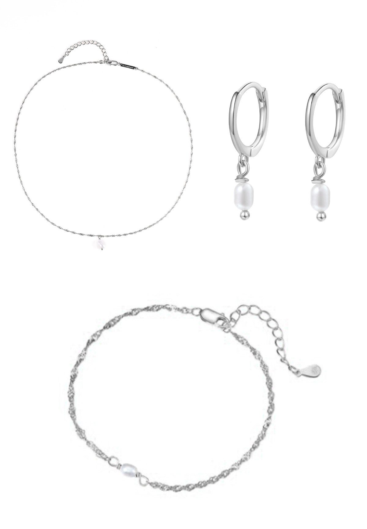 Hey Happiness Schmuckset Barockperlen, Damen Kette, Creolen und Armband, Klassisches Perlen 3er Set mit Süßwasserperlen, 925er Silber