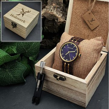 Holzwerk Quarzuhr MARLOW edle Damen Strass Holz Armband Uhr in lila, braun & gold