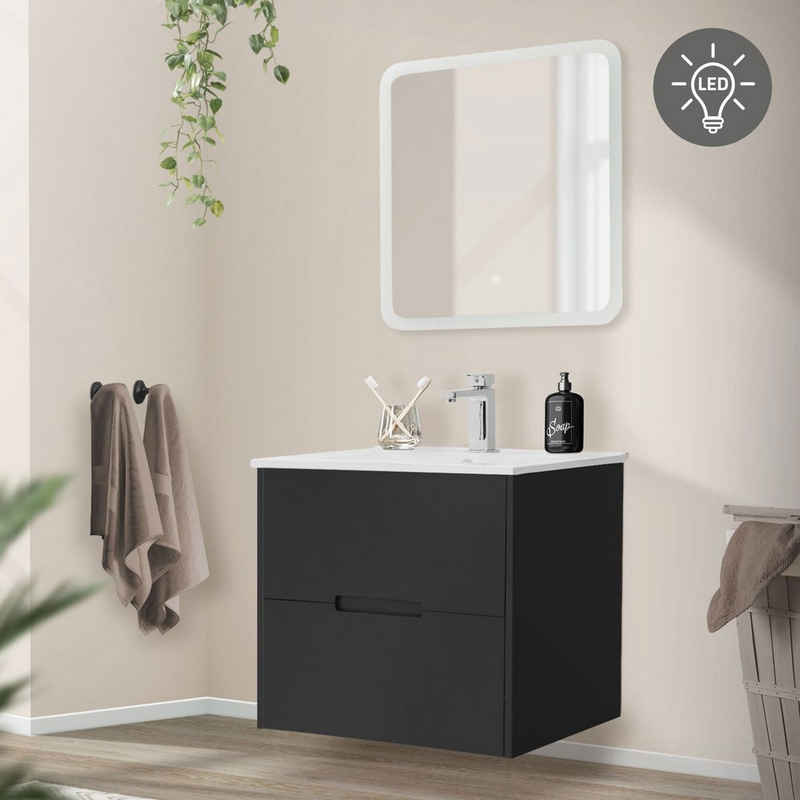 ML-DESIGN Badezimmer-Set Waschtisch Badezimmermöbel Badezimmer Möbel Spiegel Badset, 3er Set LED-Spiegel 60x60cm Unterschrank Grau Waschbecken Weiß