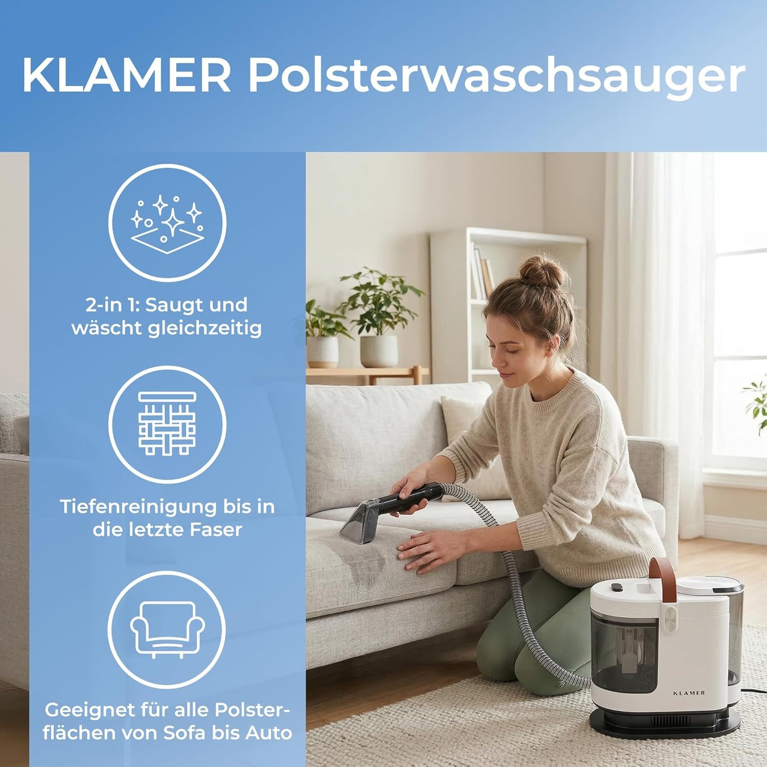 KLAMER Teppichreinigungsgerät 500W, Waschsauger Nasssauger, 2-Tank-System 1,6 L, 15 kPa, Sprüh & Sa…, 500 W, 2-Tank-System für Nassreinigung
