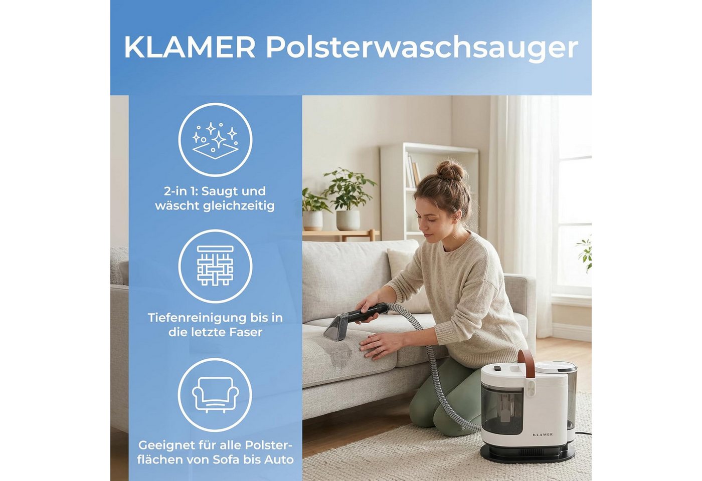 KLAMER Teppichreinigungsgerät 500W, Waschsauger Nasssauger, 2-Tank-System 1,6 L, 15 kPa, Sprüh & Sa…, 500 W, 2-Tank-System für Nassreinigung, Hygienisches 2-Tank-System, Selbstreinigungs-Funktion, 500W weiß