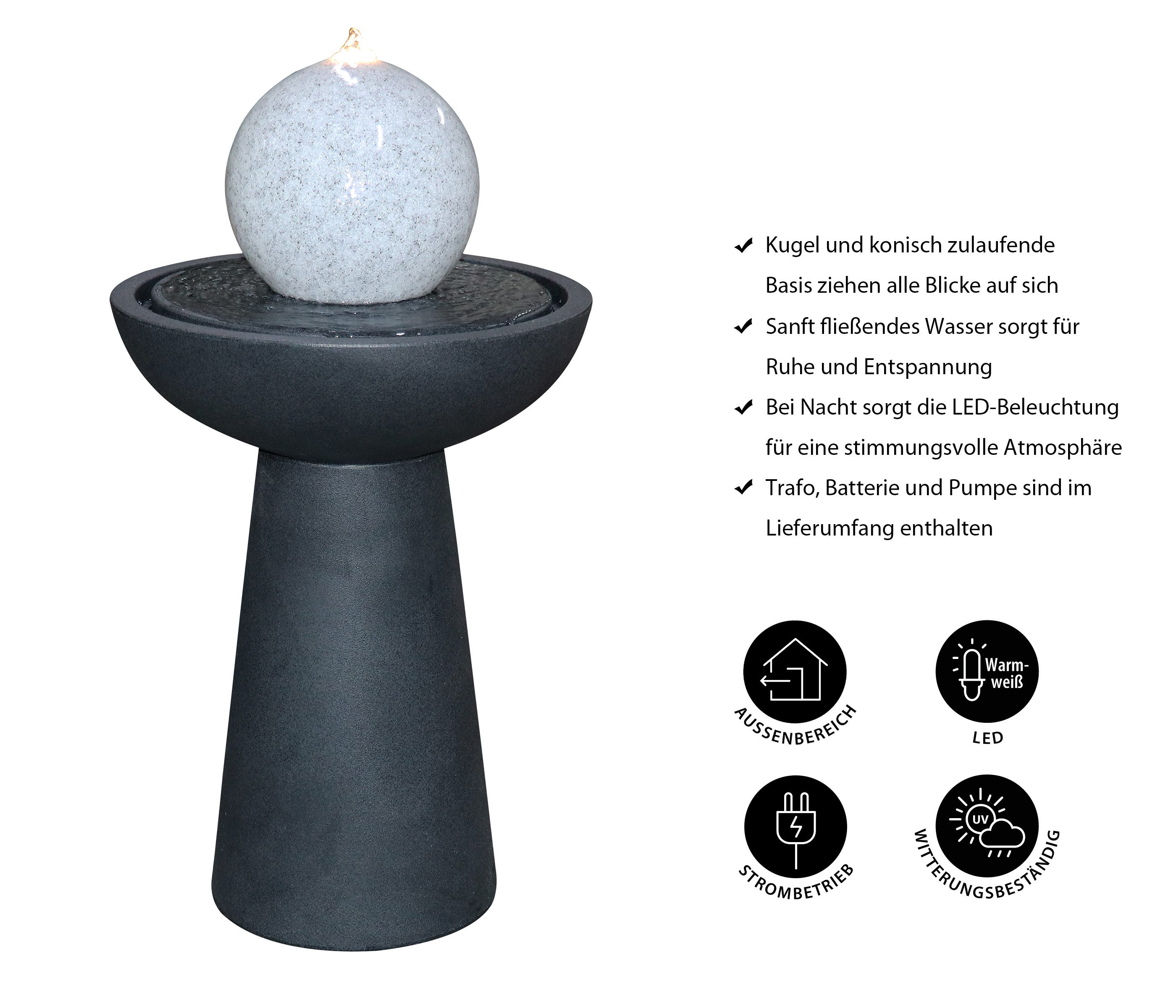 Dehner Gartenbrunnen Aurora, mit LED Beleuchtung, 47 x 88 x 47 cm, Polyethylen, schwarz, 47 cm Breite, frostbeständig, solarfähiges Wasserspiel, inkl. Pumpe / Trafo