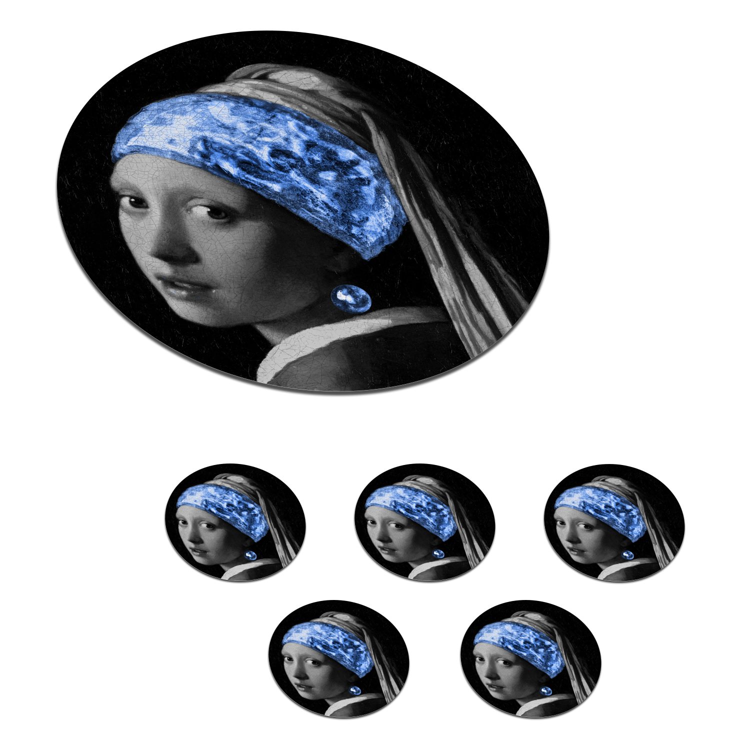 MuchoWow Glasuntersetzer Mädchen mit einem Perlenohrring - Vermeer - Blau, Zubehör für Gläser, 6-tlg., Getränkeuntersetzer, Tassenuntersetzer, Korkuntersetzer, Tasse, Becher