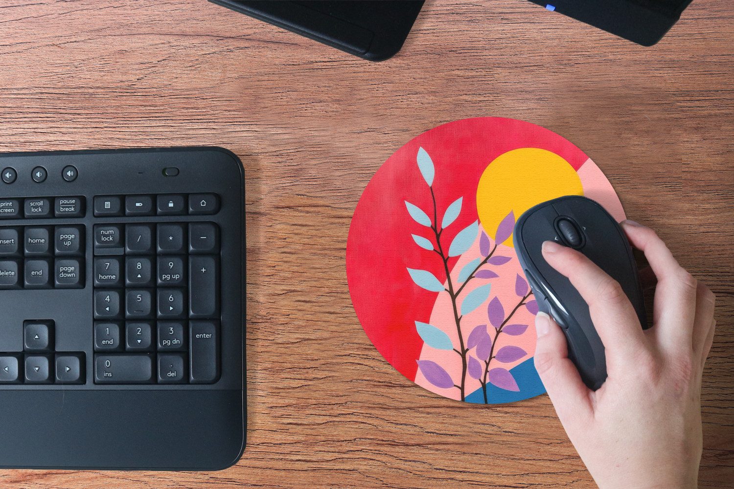 MuchoWow Mauspad Blätter - Sonne - Abstrakte Formen (1-St), Büro für Tastatur und Maus, Mousepad Gaming, Rund 20x20 cm