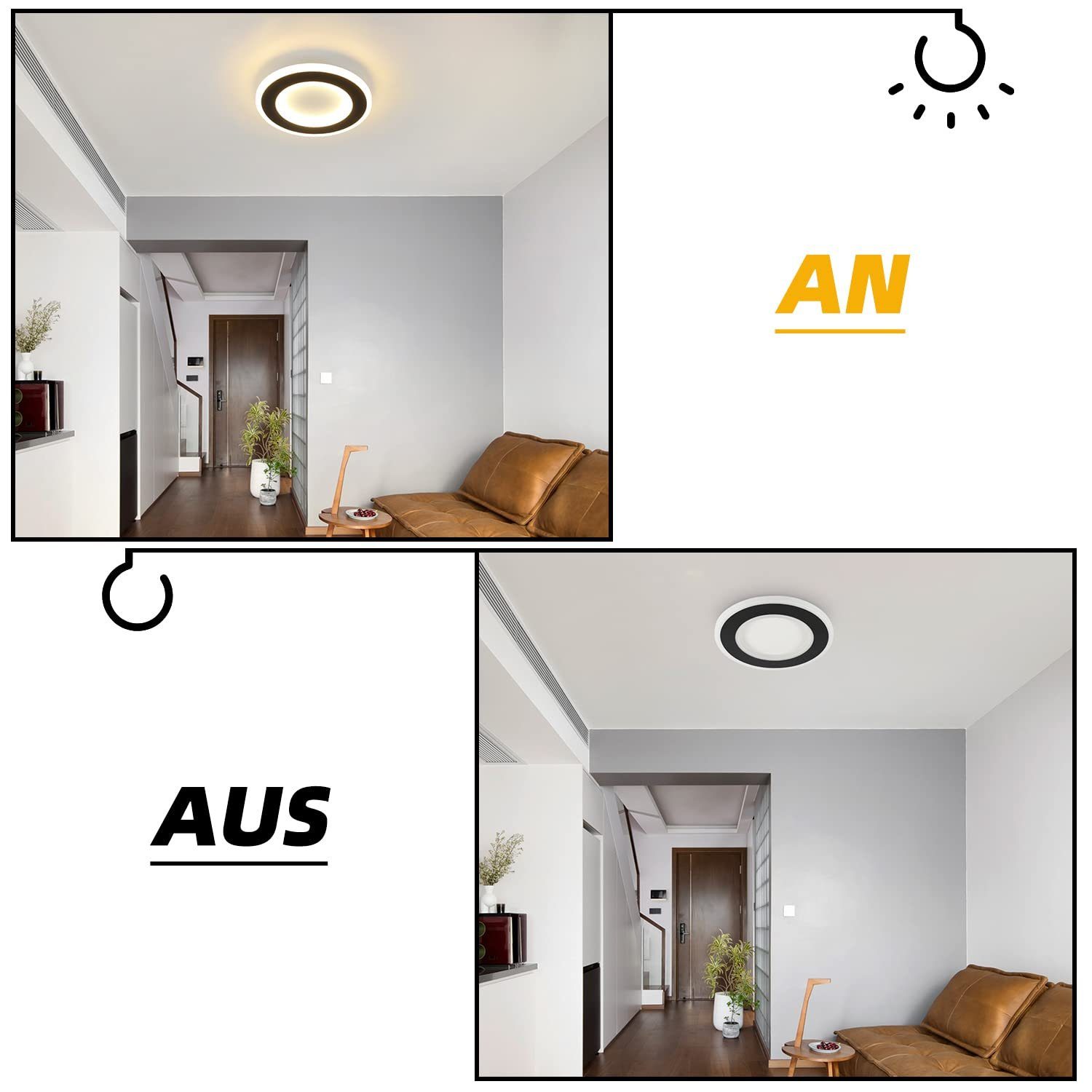 ZMH LED Deckenleuchte 20W Flurlampe dimmbar, B-B fest und Deckenlampe nicht Schwarz Rund, LED integriert, Wohnzirmmer, Weiß 24cm Warmweiß,