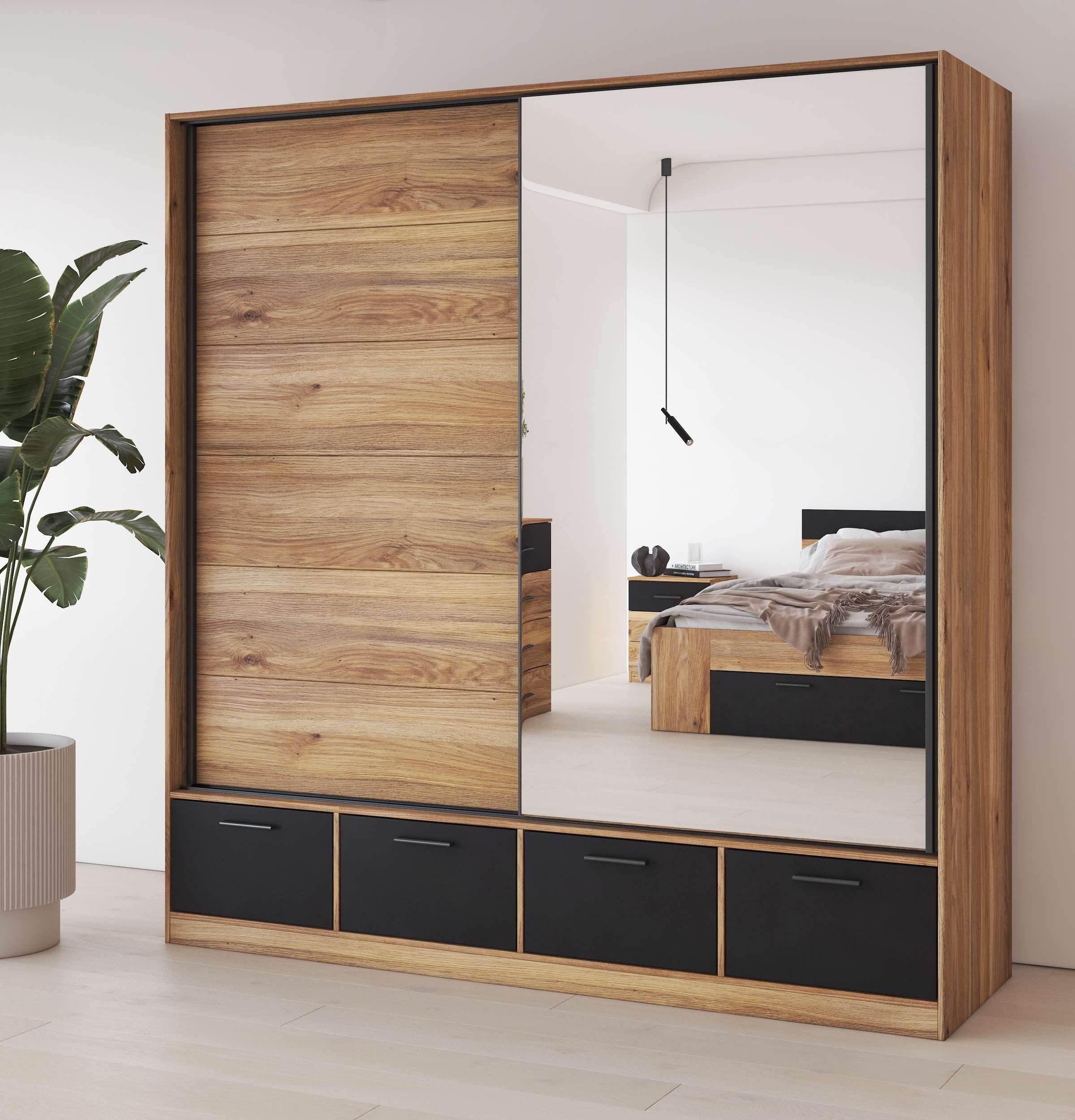 99rooms Schwebetürenschrank Era (Kleiderschrank, Schrank) mit 2 Schiebetüren, 4 Schubladen, 6 Fächer, 4 Einlegeböden