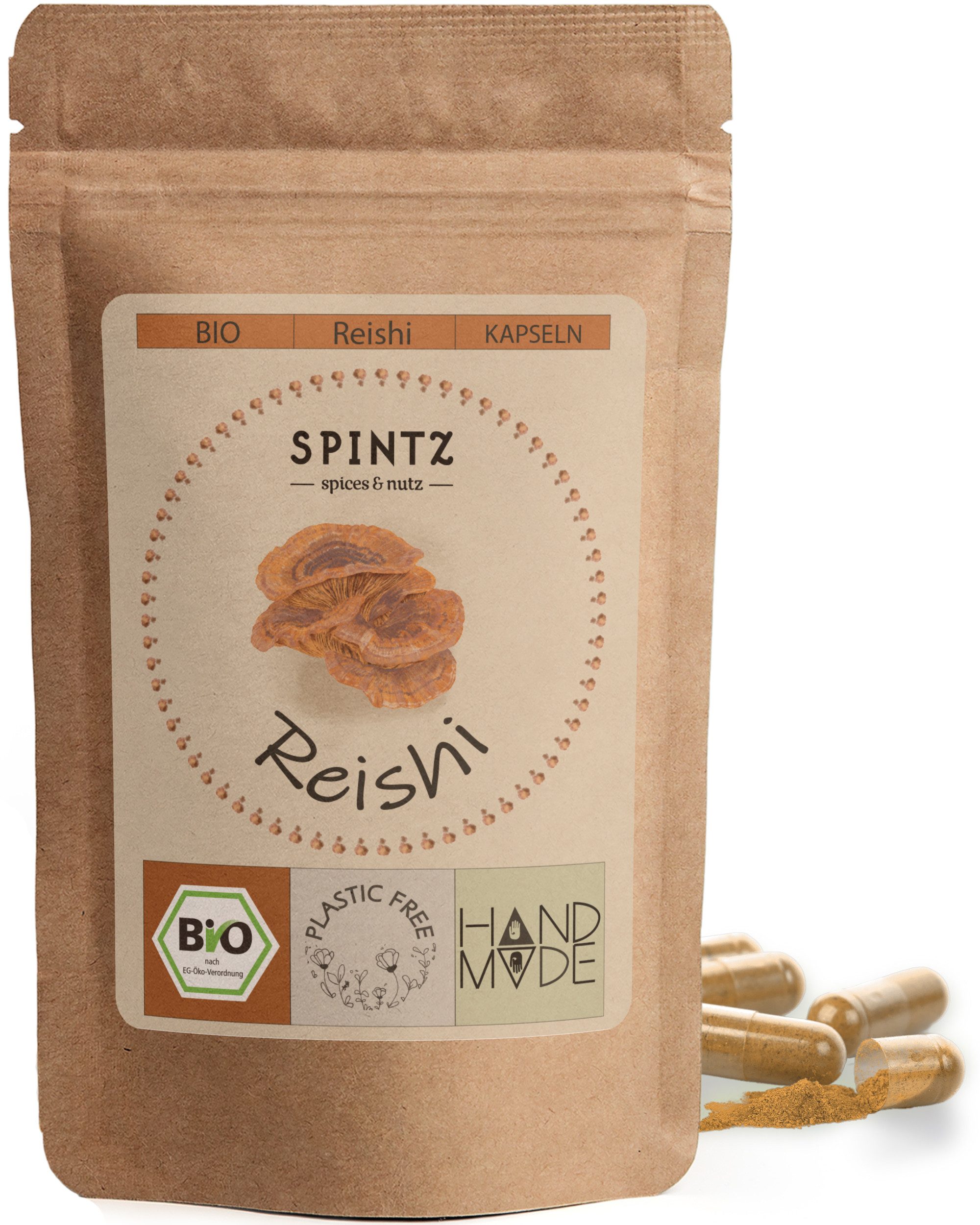 SPINTZ Bio Reishi Pilz Kapseln 250 Stk. 2 x 2 Kapseln (1,8 g Reishi Pilz Pulver) täglich mit ausreichend Flüssigkeit einnehmen, 1 er 250 St., 143.75 g
