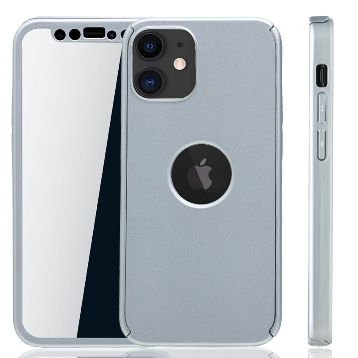 König Design Handyhülle Apple iPhone 12 Mini, Apple iPhone 12 Mini Handyhülle 360 Grad Cover Displayschutz Full Cover Silber
