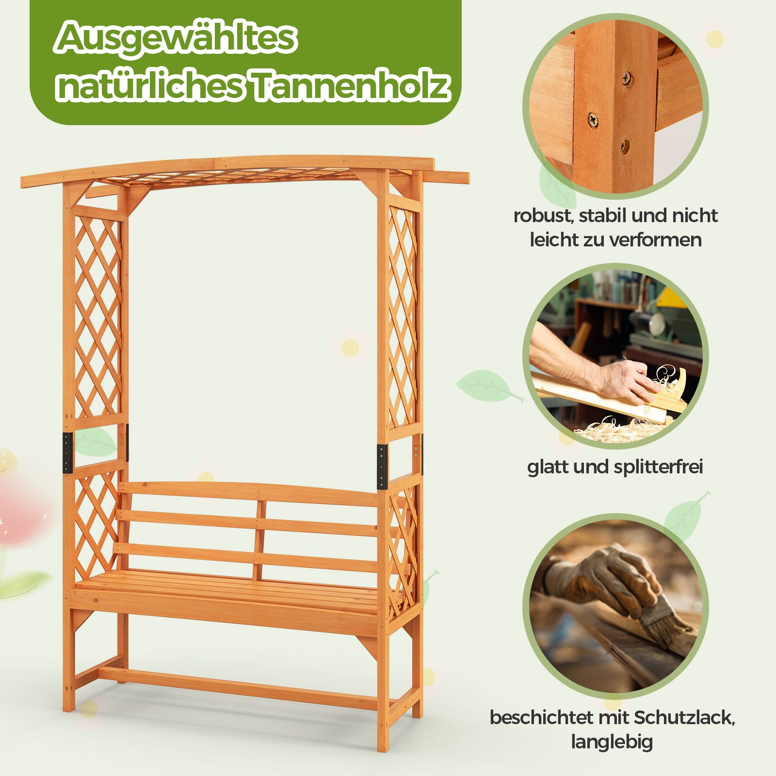 Thumbnail - COSTWAY Rosenbogen, 2 in 1 Rankhilfe Sitzbank Holz