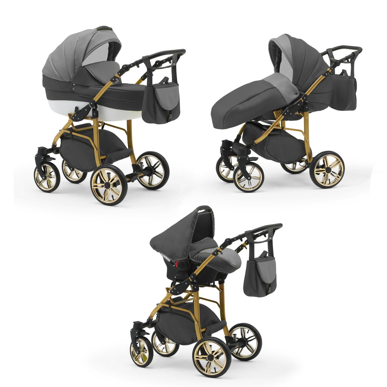 in 3 46 babies-on-wheels Cosmo - Teile in Gold- Grau-Hellgrau-Weiß Kinderwagen-Set 1 Farben Kombi-Kinderwagen 16