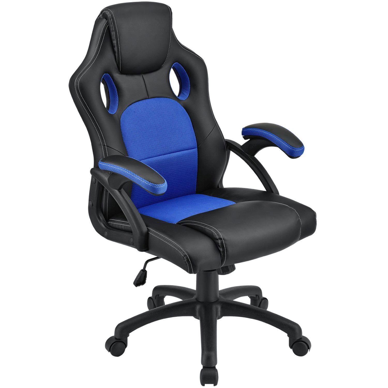 Juskys Gaming-Stuhl Montreal, Ergonomisch geformte Sitzfläche, Rückenlehne und Sitzfläche kippbar Schwarz, Blau