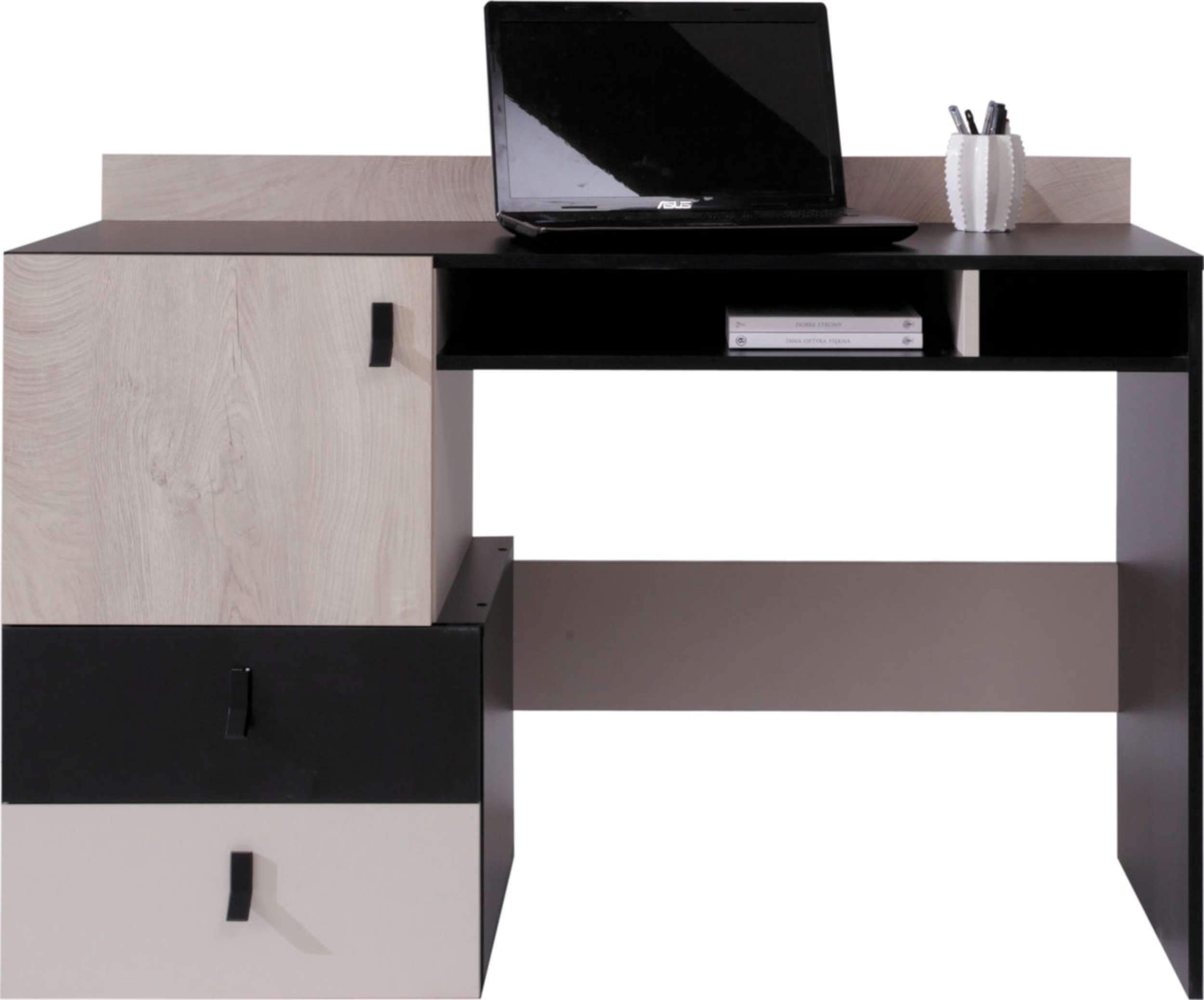 Stylefy Schreibtisch Sirius (Computertisch, Bürotisch), mit Schubladen, aus Holzwerkstoff, viel Stauraum, Modern Design Schwarz - Eiche - Beige