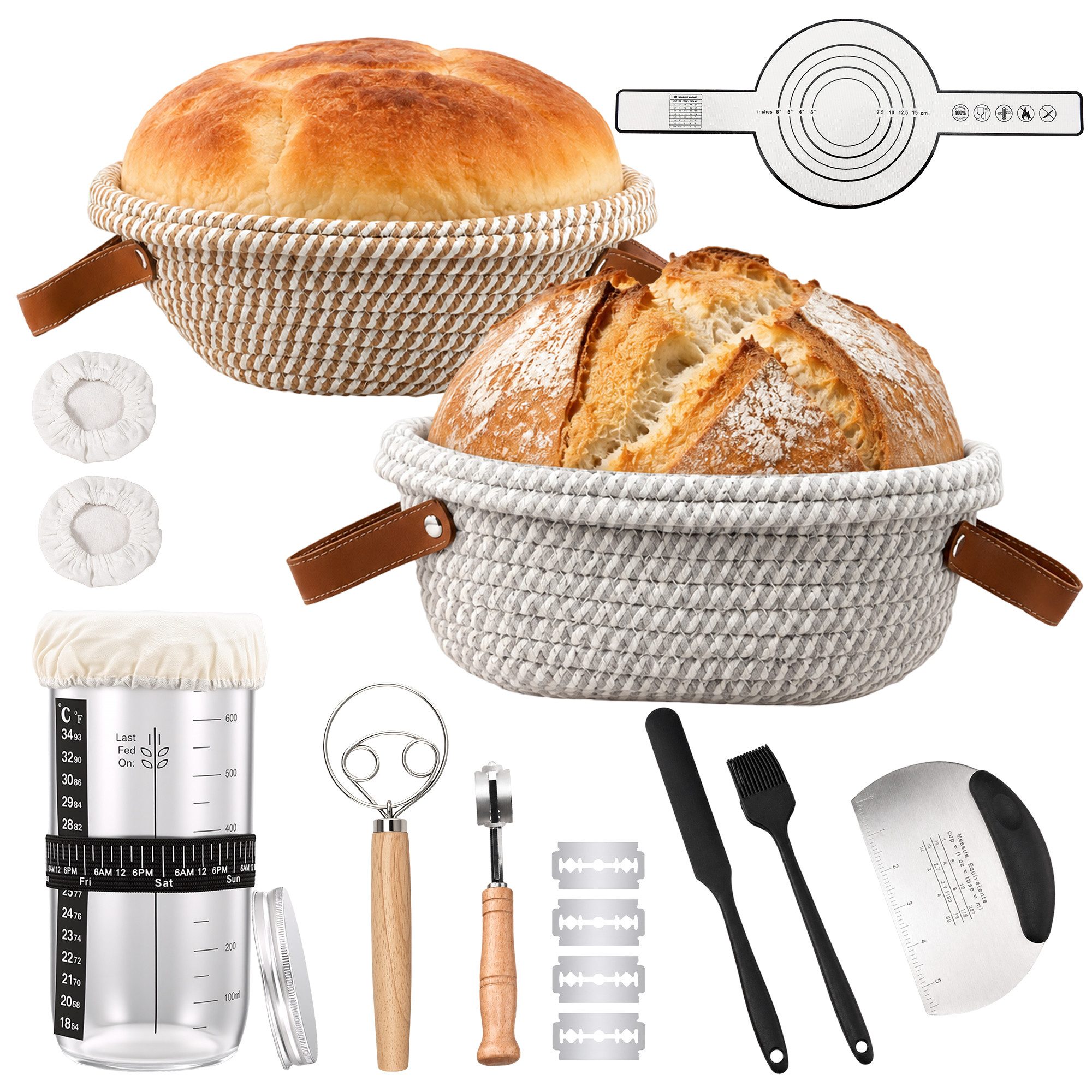 Yelenaro Gärkorb Sauerteig Starter Set –Brotbackset mit Gärkörbchen–Komplett-Set, (19-tlg)