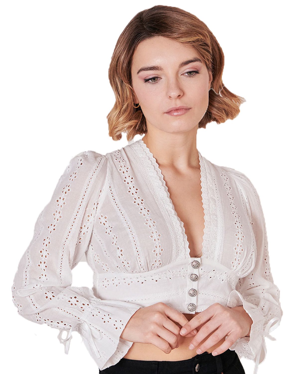 Dirndlbluse 'Delilah' Langarm mit Lochspitze 212266, Ecru