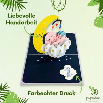 paperdora Geburtskarte 3D Pop-Up-Karte „Baby“ mit Umschlag und Wachssiegel - Grußkarte, Geburt Geschenk