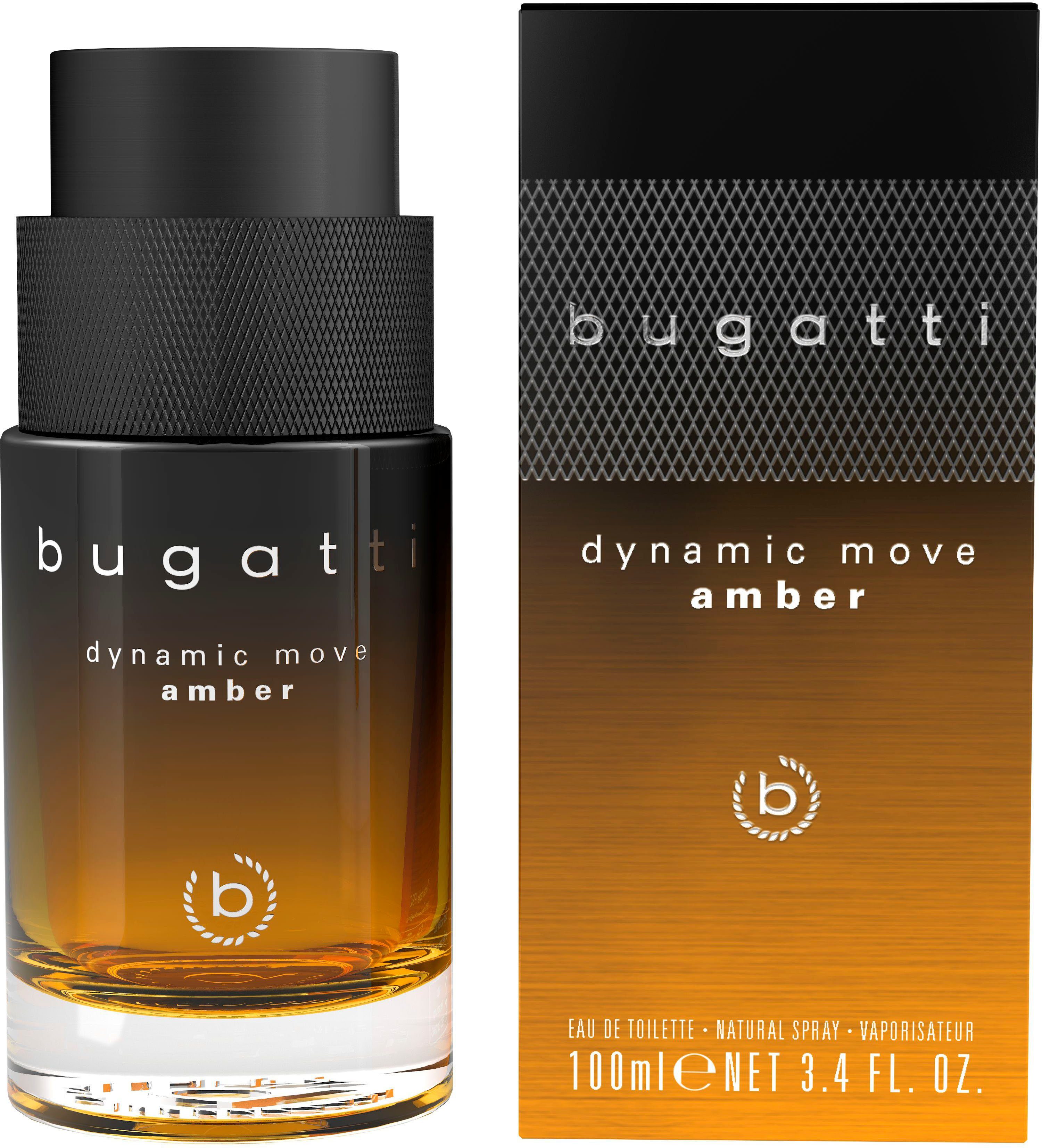 bugatti Eau de Toilette Dynamic Move Amber EdT 100ml, Würziger Herrenduft mit Zimt, Veilchen, Tabak und Zedernholz.