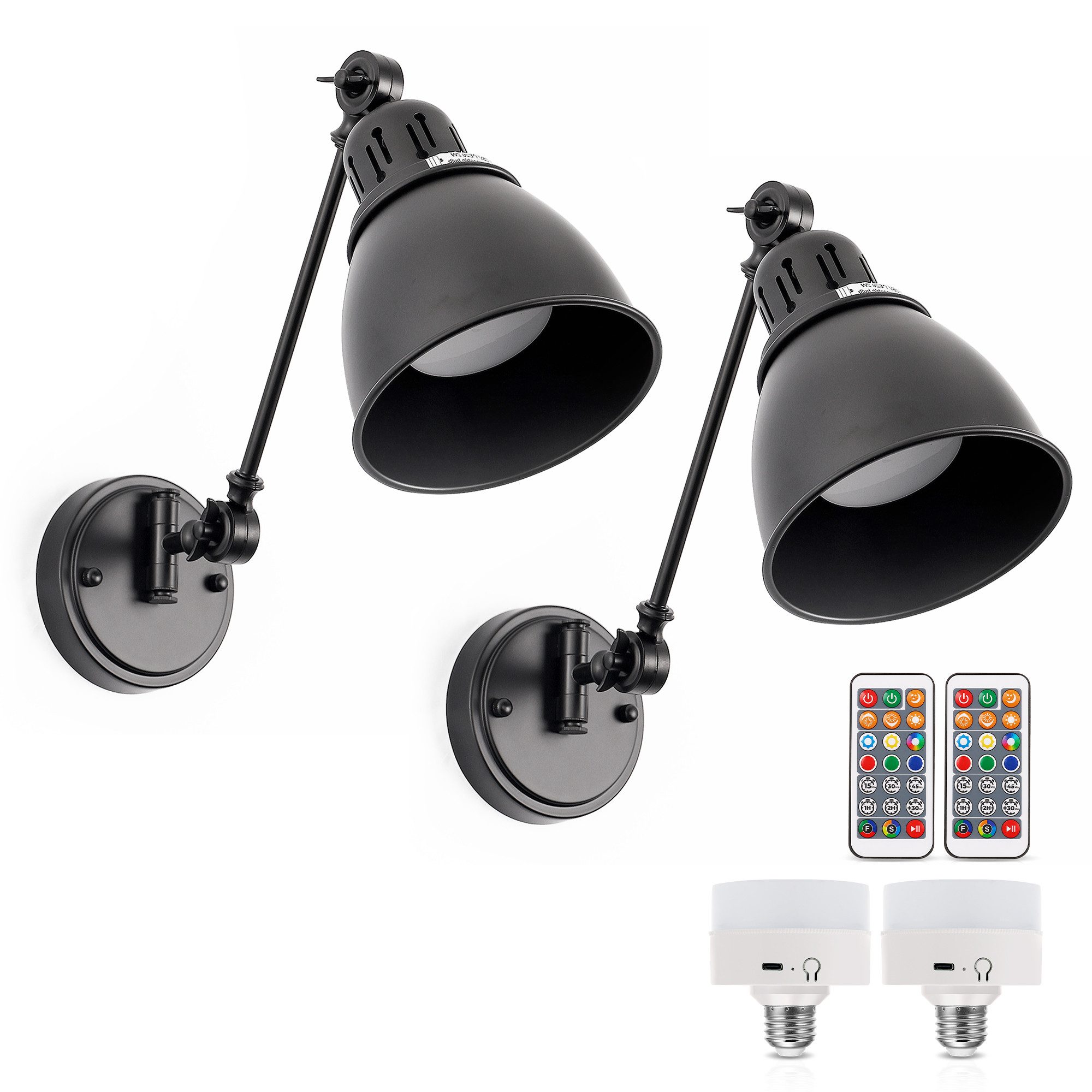 LOHAS-LED Wandleuchte Wandlampe 2er Set mit E26 Akku-Glühbirne, einarmige Metall-Wandleuchte, LED wechselbar, Warmweiß bis Kaltweiß mit RGB-Farbwechsel, RGBCW Farbwechsel, Fernbedienung, kabellos USB-C Aufladung