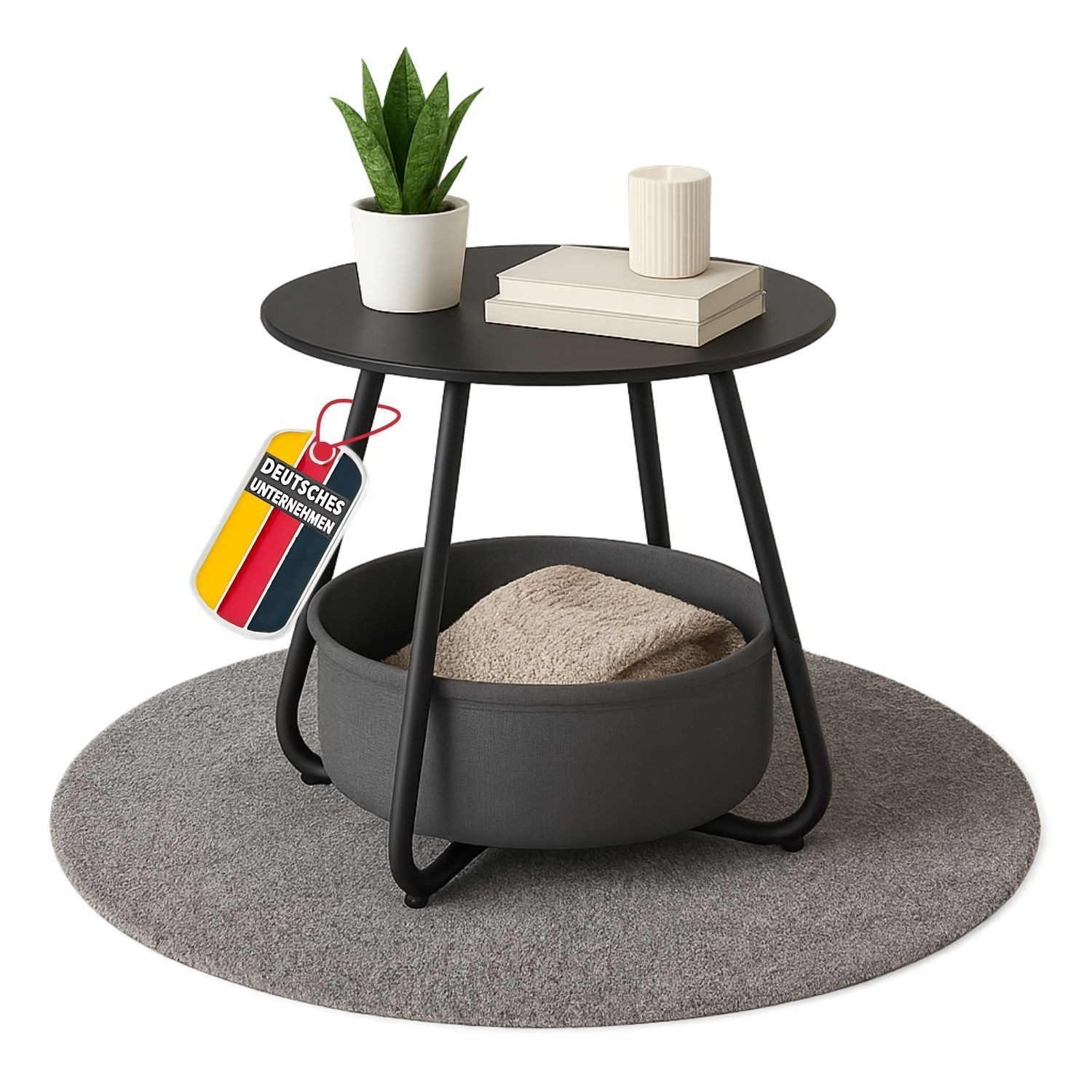 Coemo Wohnzimmertisch KOSI, Schwarz Metallgestell Couchtisch mit Aufbewahrungskorb Canvas