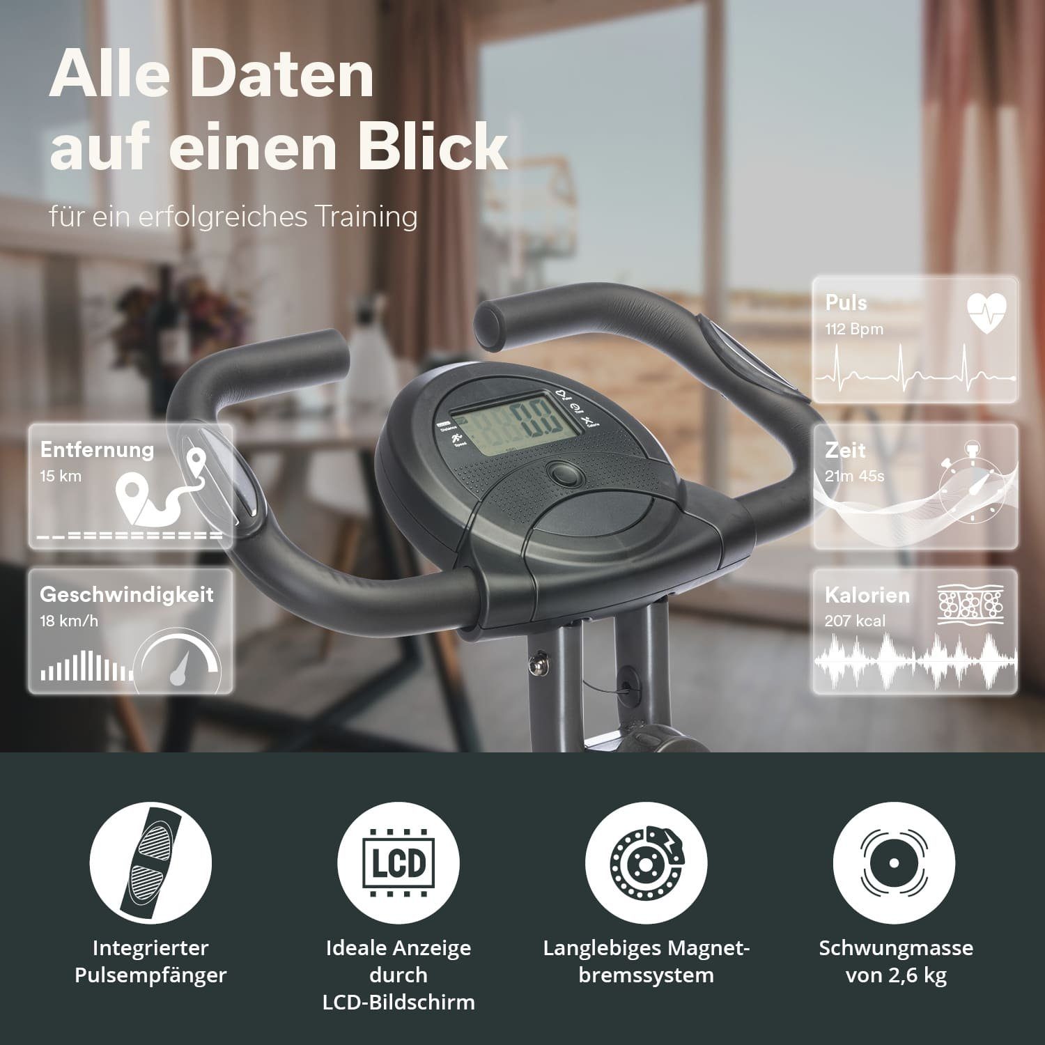 Skandika Heimtrainer Foldaway X-1000 Fitnessbike, X-Bike, F-Bike, klappbar, LCD-Display (8-stufige manuelle Widerstandseinstellung, Transportrollen, LC-Display), Handpuls-Sensoren, 8-stufiger Magnetwiderstand, bis 130kg, für Zuhause