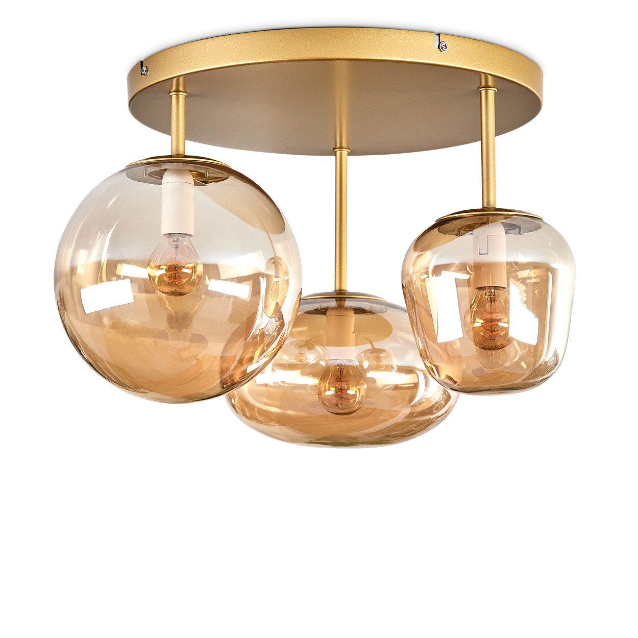 hofstein Deckenleuchte Deckenlampe aus Metall/Glas in Goldfarben, ohne Leuchtmittel, Glasschirme (19,5 cm; 22 cm; 14 cm), 3 x E14, ohne Leuchtmittel