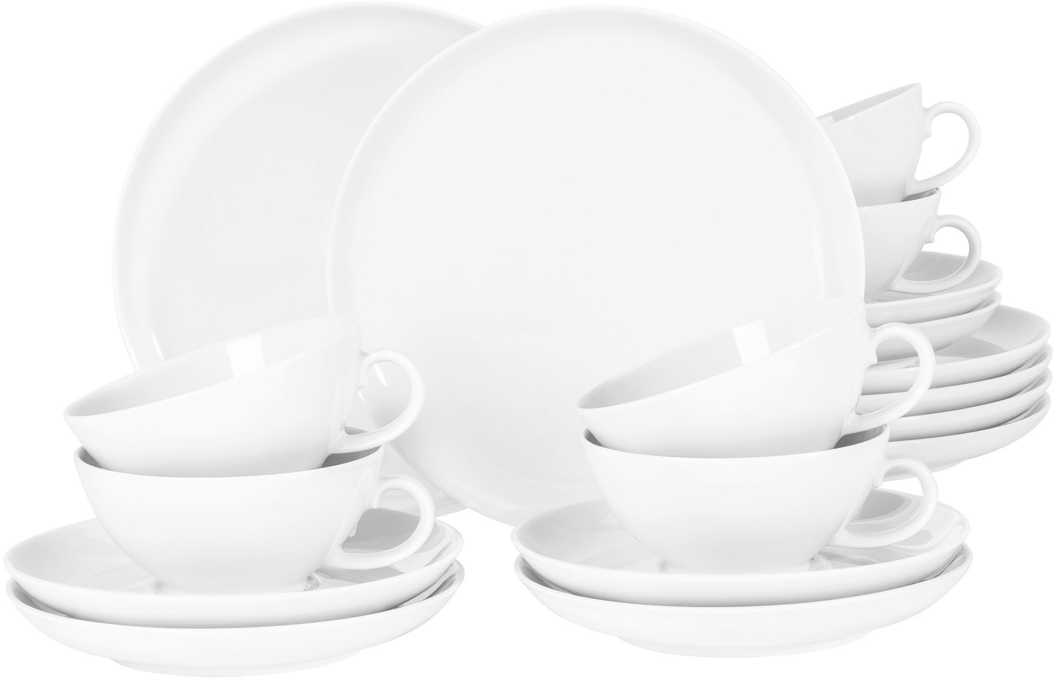 Seltmann Weiden Teeservice Geschirr-Set, 18 Teile, Lido Weiß, rund (18-tlg), 6 Personen, Porzellan, Tassen, Untertassen, Teller, 18 Teile, für 6 Personen, Made in Germany