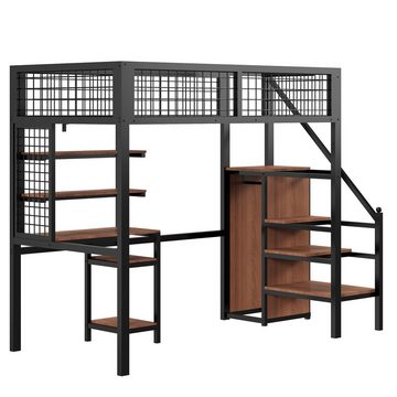 PFCTART Hochbett Kinderbett mit Eisenrahmen Kleiderschrank und Computertisch, Schwarz (90x200cm mit Sicherheitsleiter)