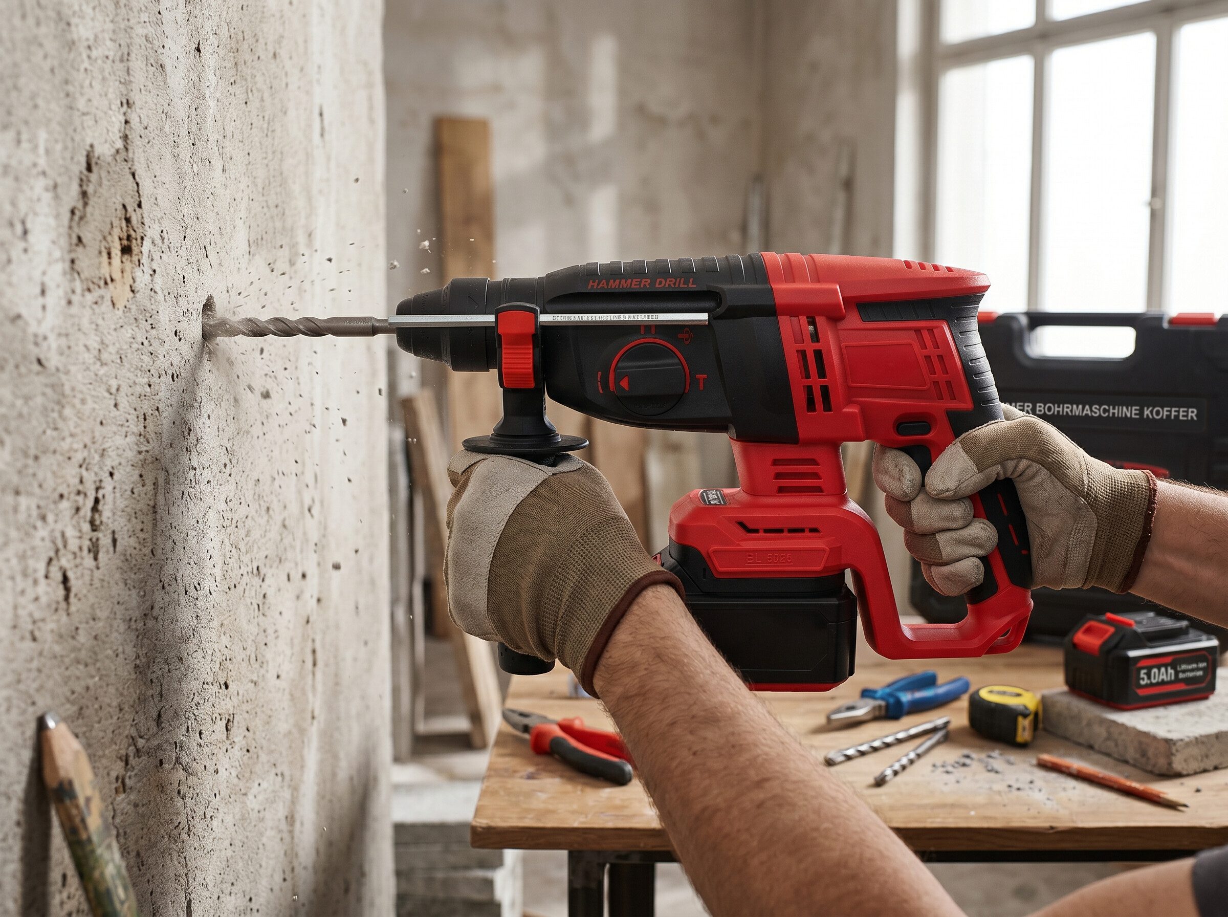 GARRYFIZH Akku-Bohrhammer Akku Bohrhammer 20V Bürstenlos 2x5.0Ah Meißelhammer Beton Bohren, SDS-Plus Kombihammer mit Überlastkupplung für Baustelle & Renovierung