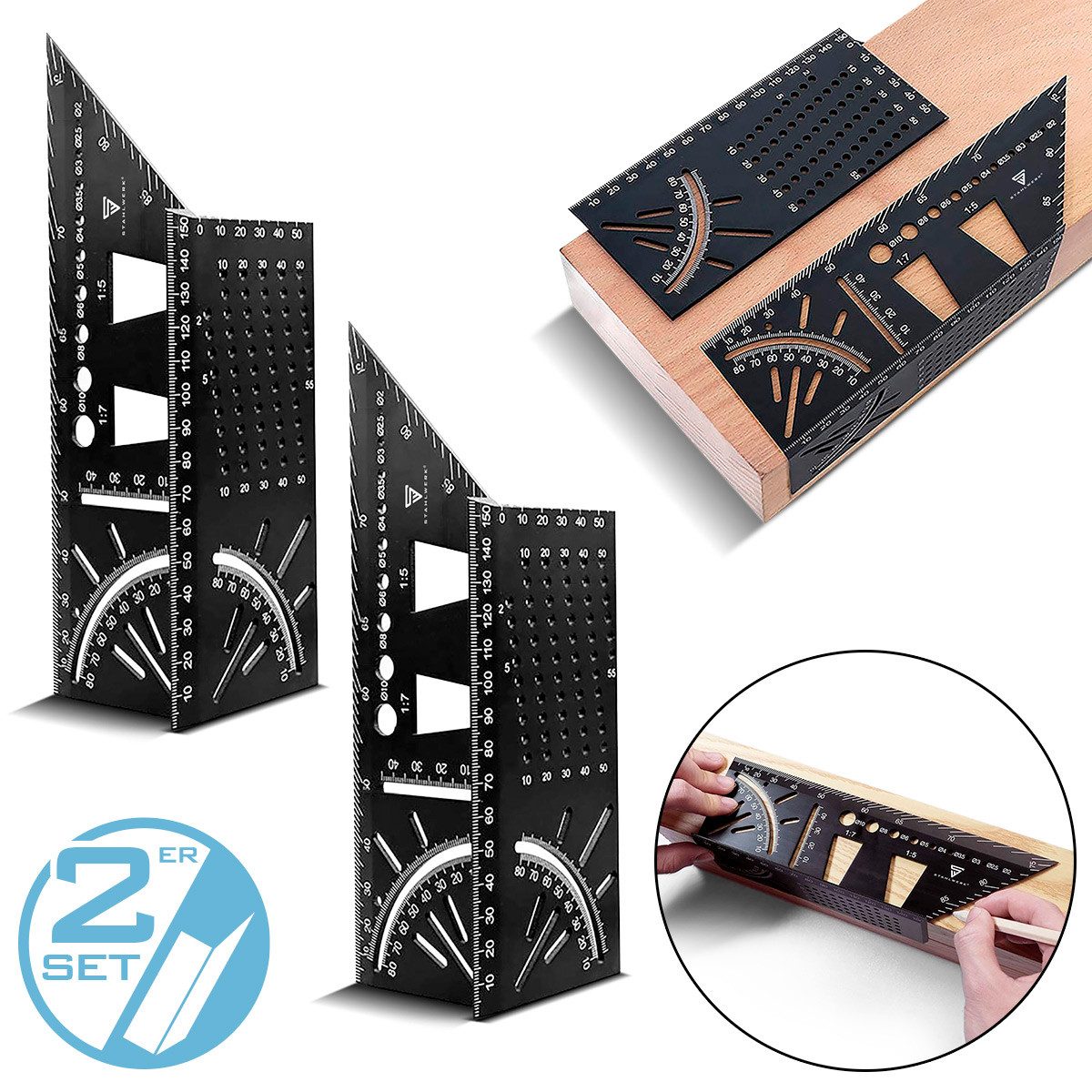 STAHLWERK Winkelmesser 2er Set Gehrungswinkel-Lineal mit Anschlag und Bohrl günstig online kaufen