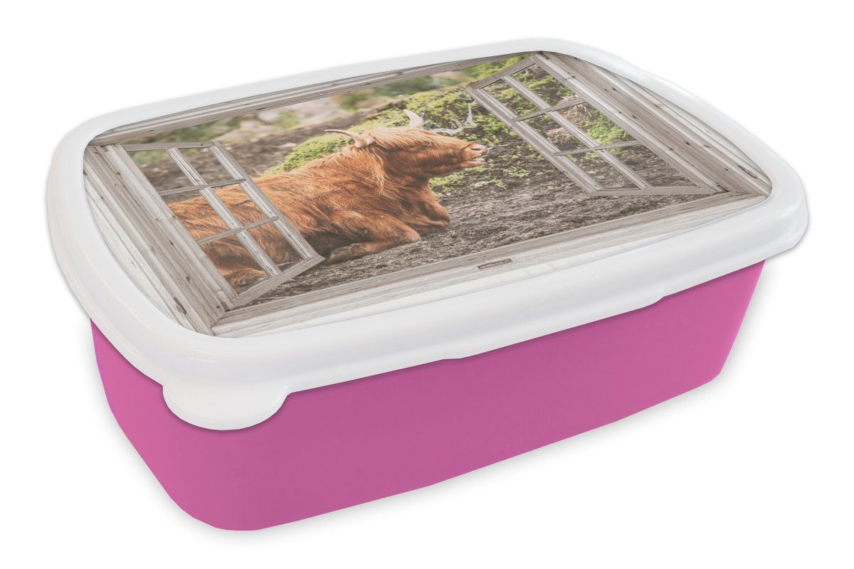 MuchoWow Lunchbox Schottische Highlander - Ansicht - Natur - Pflanzen, Kunststoff, (2-tlg), Brotbox für Erwachsene, Brotdose Kinder, Snackbox, Mädchen, Kunststoff rosa