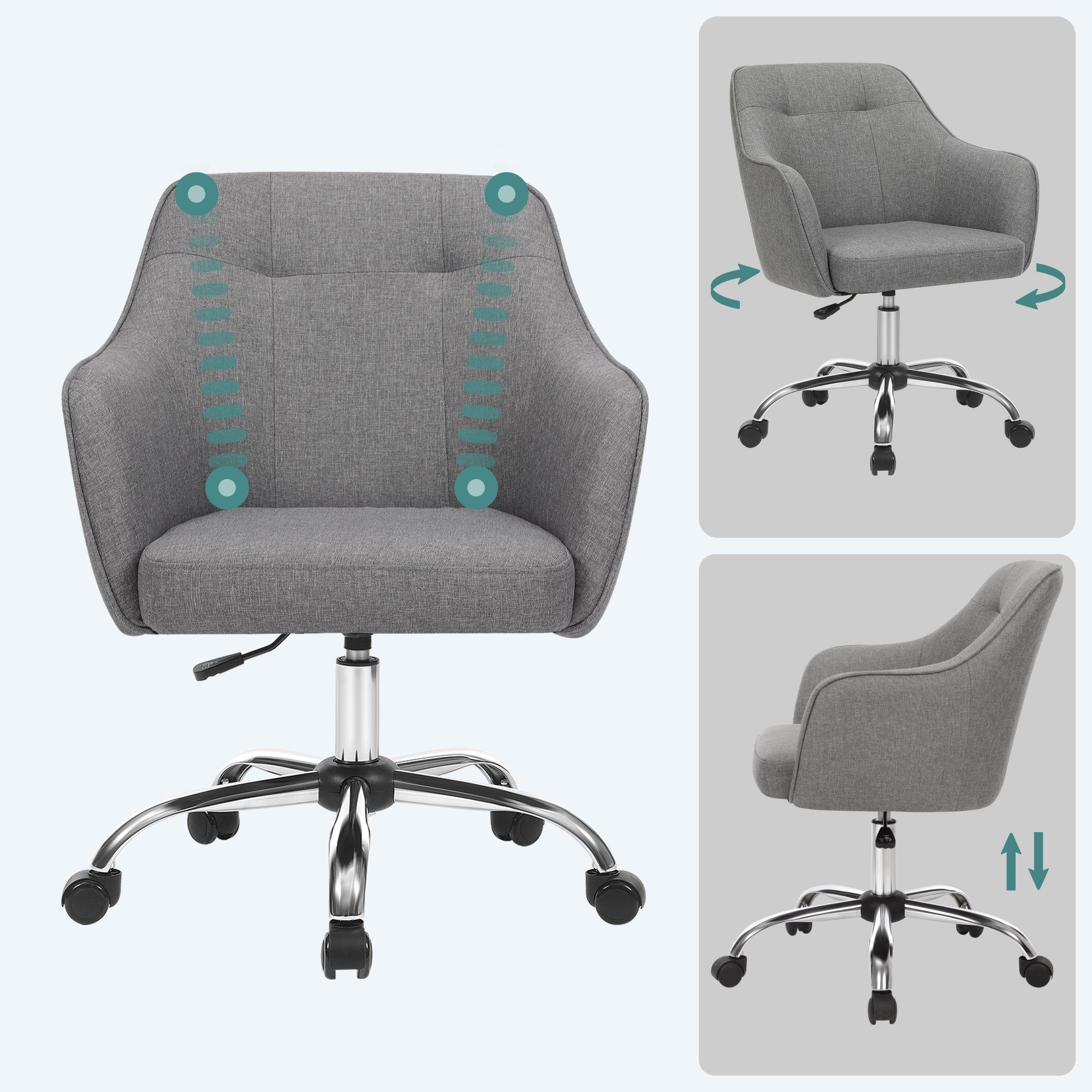 SONGMICS Bürostuhl 2er Set Ergonomischer Schreibtischstuhl mit Rollen (1 St), bis 110 kg belastbar, Homeoffice Stuhl, atmungsaktiver Stoff – Bild 3 von 5