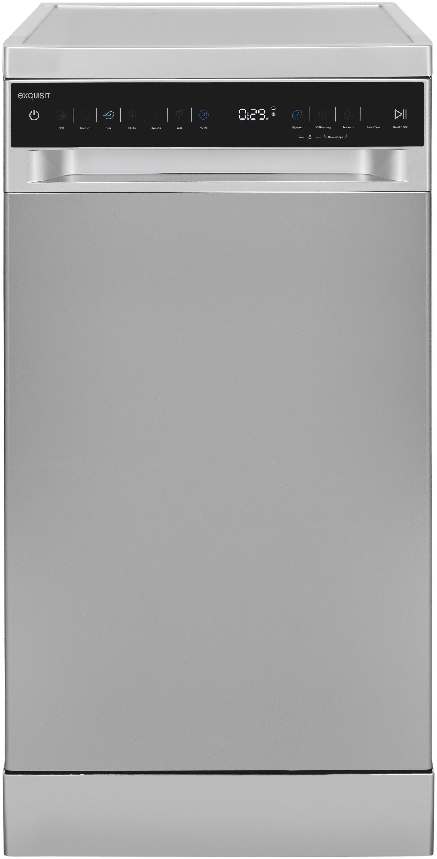 exquisit Standgeschirrspüler 9310 GSP9311-450C silber, 8,3 l, 10 Maßgedecke, 10 Maßgedecke, 7 Programme, LED, Besteckkorb, Auto Door Open, AquaStop