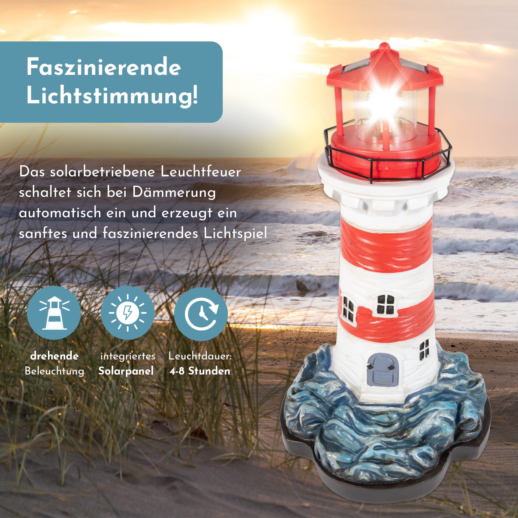 Lemodo LED-Dekofigur Leuchtturm mit rotierendem LED-Leuchtfeuer 43 cm hoch, solar