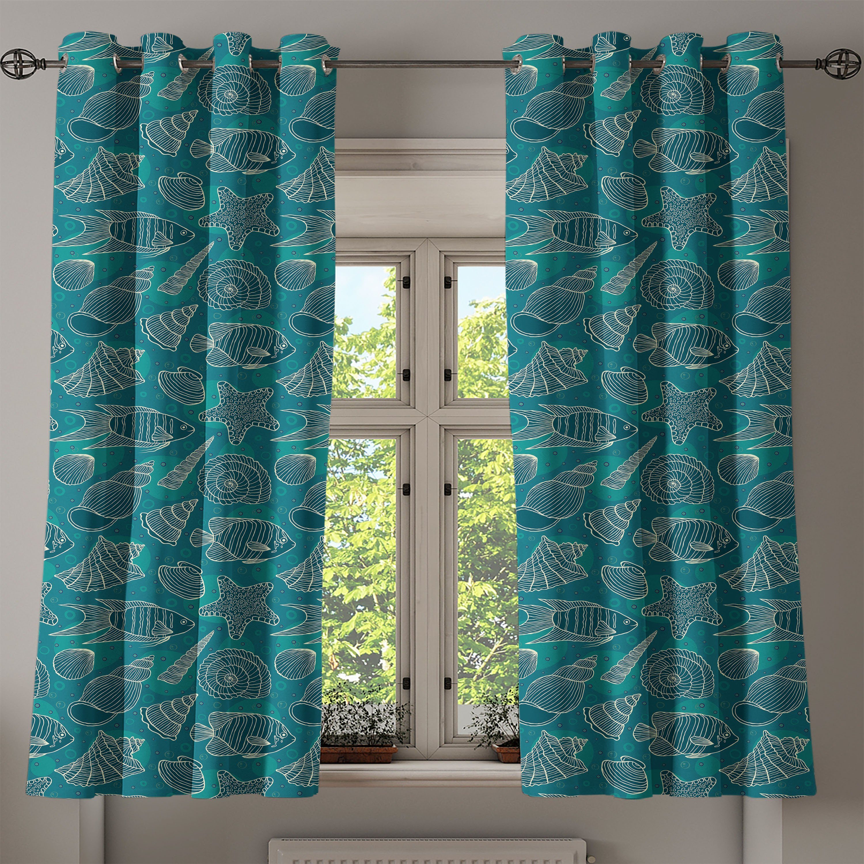 Dekorative Gardine Line Wohnzimmer, Abakuhaus, Shells Sea Entwurf 2-Panel-Fenstervorhänge für Schlafzimmer Ocean