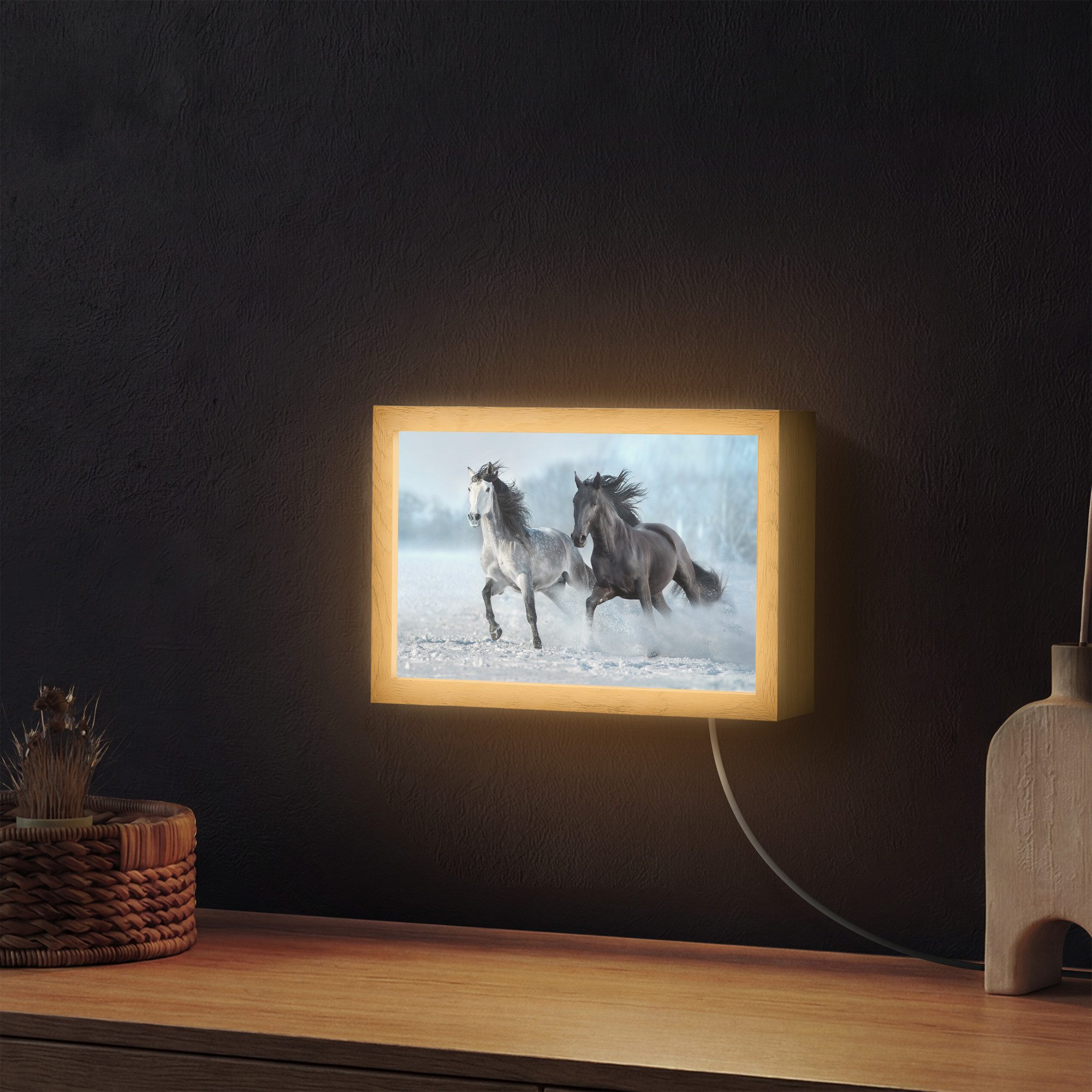 OnlyWow Wandleuchte Lightbox Pferde - Winter - Tiere - Natur - Schnee, Dimmbar, Farbwechsel, LED, Warmweiß, Kaltweiß, Neutralweiß Einstellbar, Wandlampe Innen, Dimmbar, mit Kabel, LED, Modern, Schlafzimmer