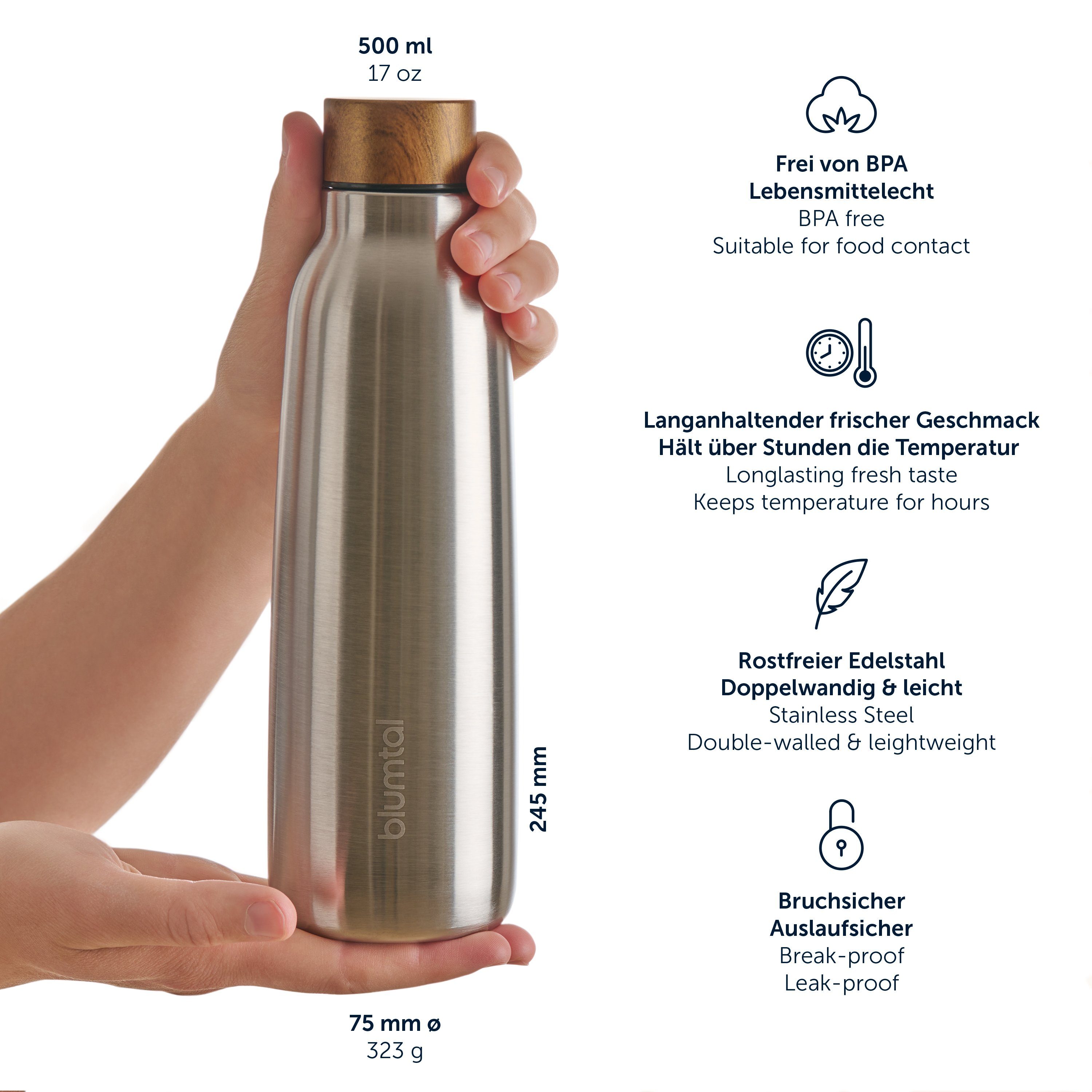 Isolierflasche hält heiß/24h 8h Blumtal 500ml Isolierflasche, Stainless auslaufsichere Ray kalt Steel - - Edelstahl Trinkflasche Silber BPA-frei,