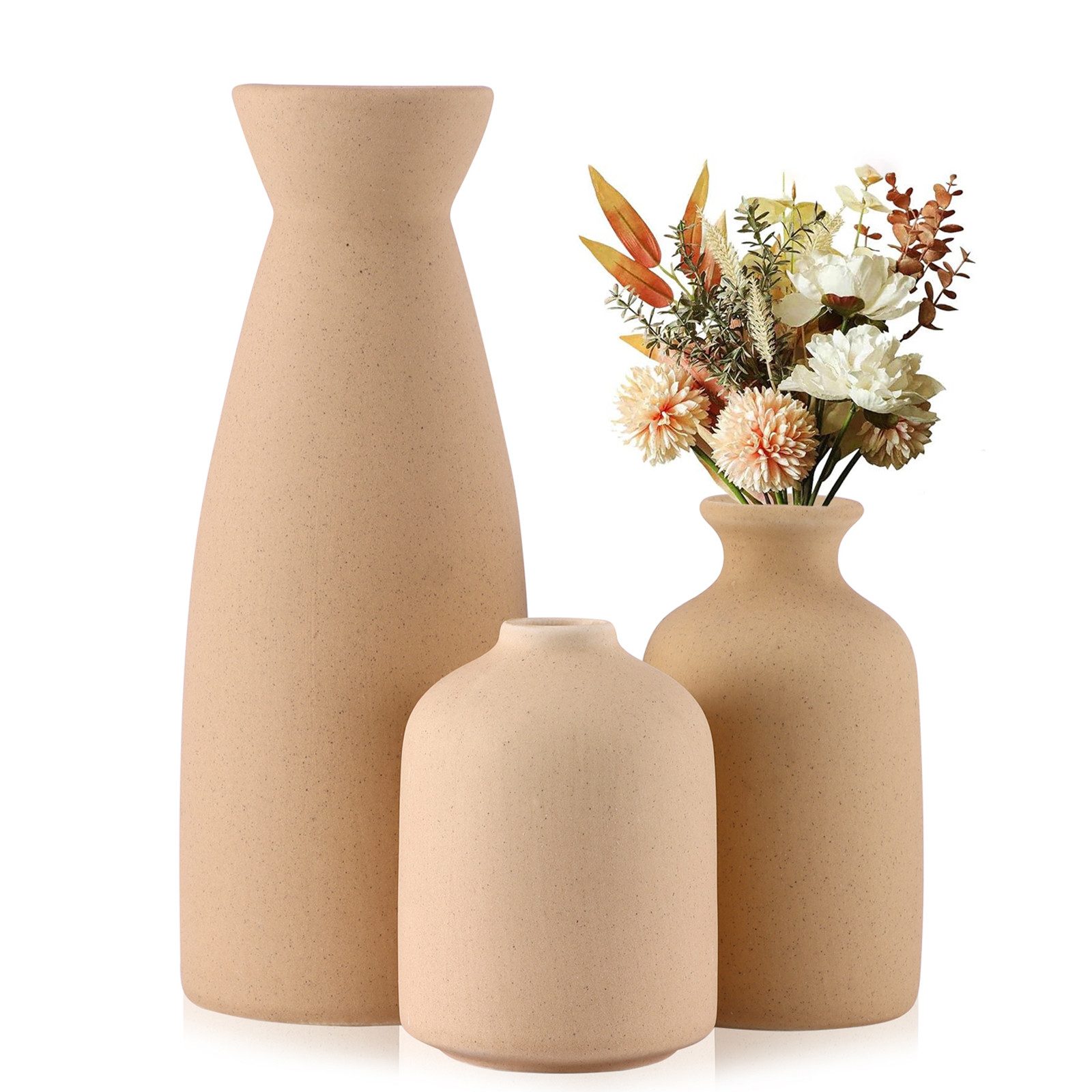 BlingBin Dekovase 3er-Set Keramik Vasen, Kleine Blumenvasen für Schnitt-/ Trockenblumen (3er Set, 3 St., Pampas-Vase: 22.5x8,5 cm;Klein Vase: 12x7 cm;Knospen Vase: 10x7.4 cm), Vasen für Regal, Tisch und Sideboard, Keramik, standfest