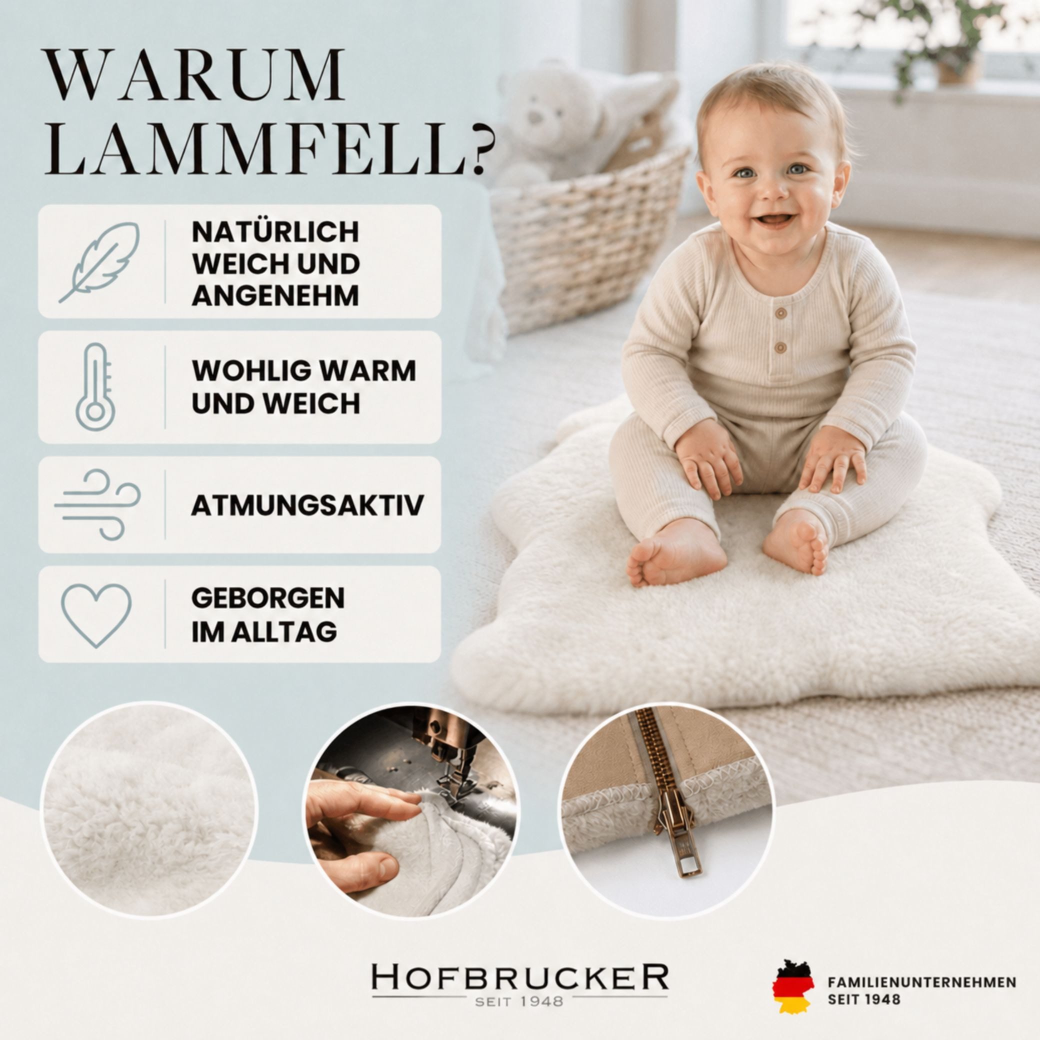 Babylammfell Baby Lammfell Exclusiv weiß, Hofbrucker seit 1948, Krabbelmatte Babyteppich aus 100% Lammfell pflanzlich gegerbt 90 cm – Bild 5 von 5