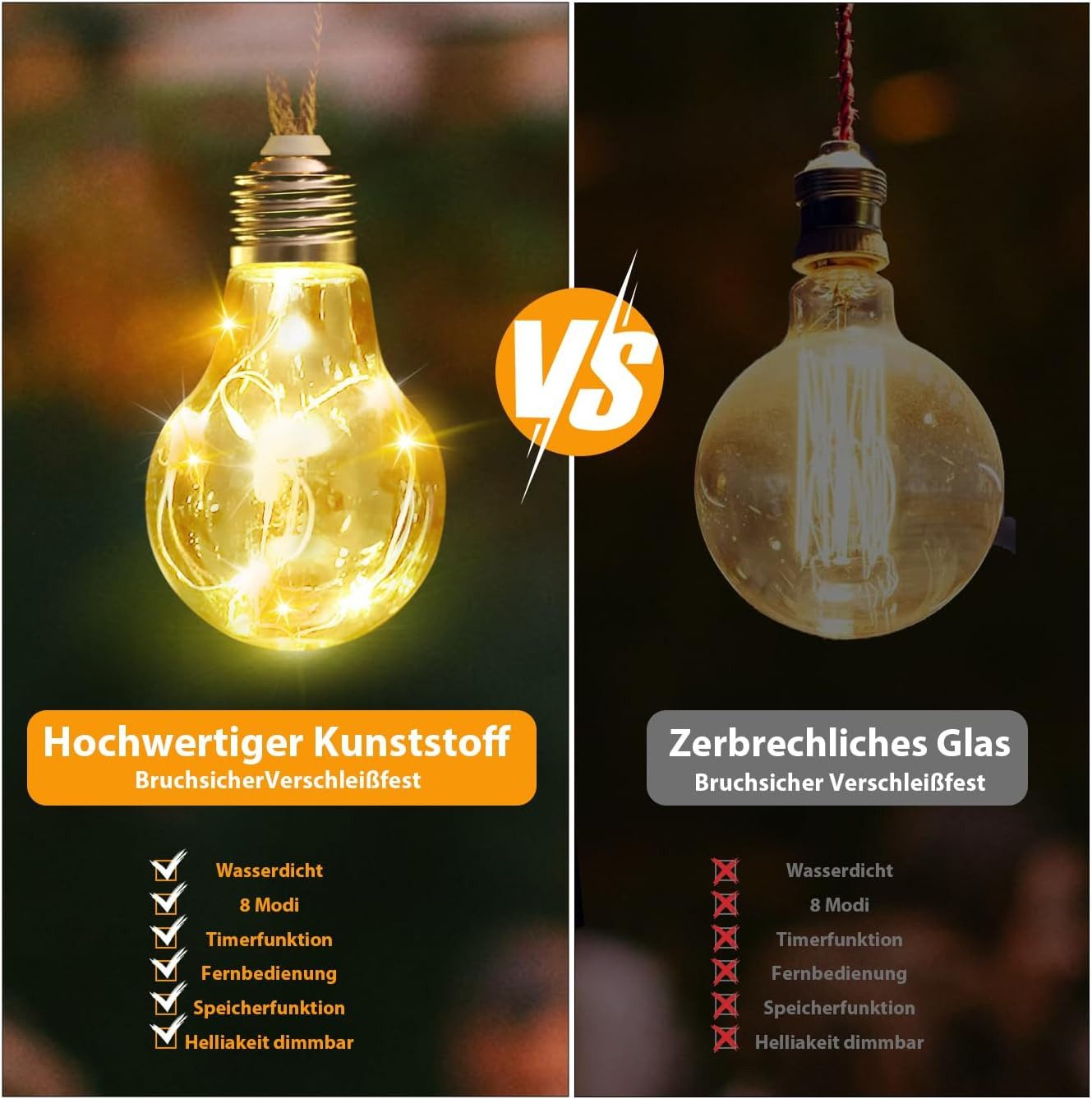 Salcar LED Solarleuchte Solar Lichterkette Warmweiß Hanfseil Glühbirnen Vintage Garten, LED, 5m Lichterkette + 3m Zuleitung, 10 Glühbirnen mit 149 LED – Bild 5 von 5