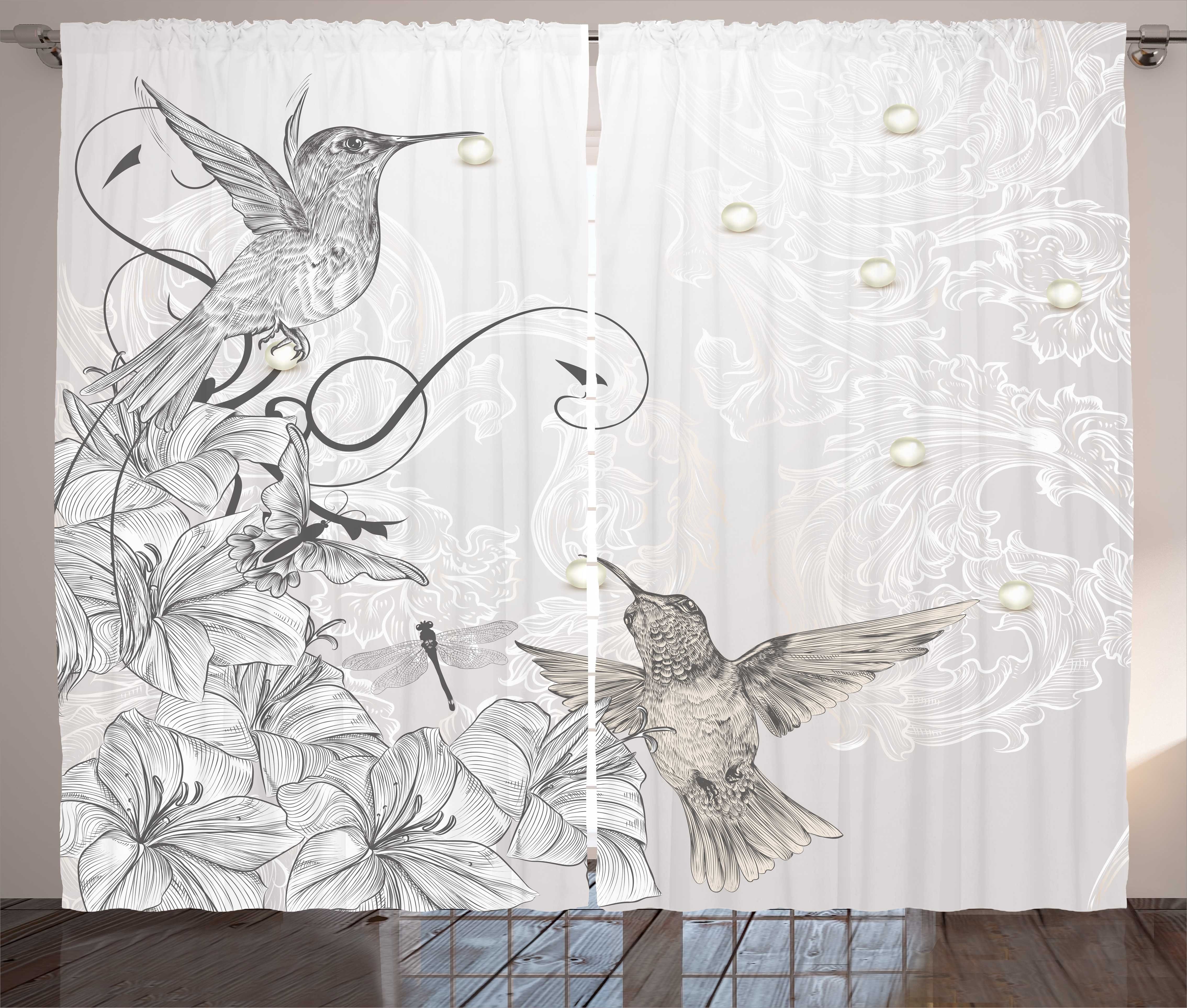 Vögel Zeichnung Haken, Perlen Vorhang und Kolibri Gardine Schlaufen Schlafzimmer Abakuhaus, Kräuselband mit