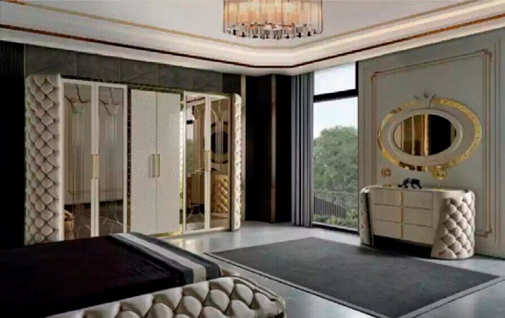 JVmoebel Komplettschlafzimmer Schlafzimmermöbel Chesterfield in elegantem Design mit Spiegel, (7-tlg., Bett/Kleiderschrank/2x Nachttische/Schminktisch/Spiegel/Hocker), Made in Europa