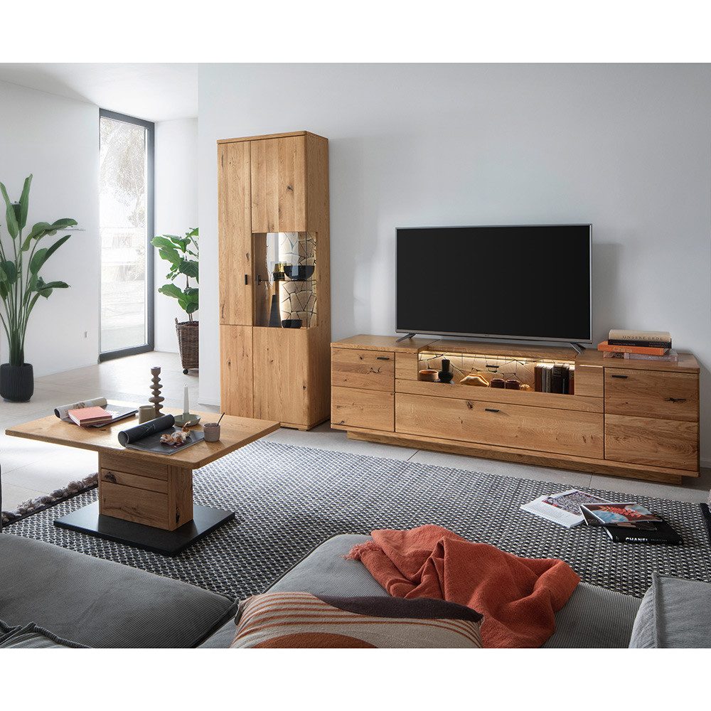 Lomadox Wohnzimmer-Set VELJE-05, (Mega-Spar-Set, 3-St., Couchtisch Lowboard Vitrine), in Eiche teilmassiv mit LED-Beleuchtung, montiert