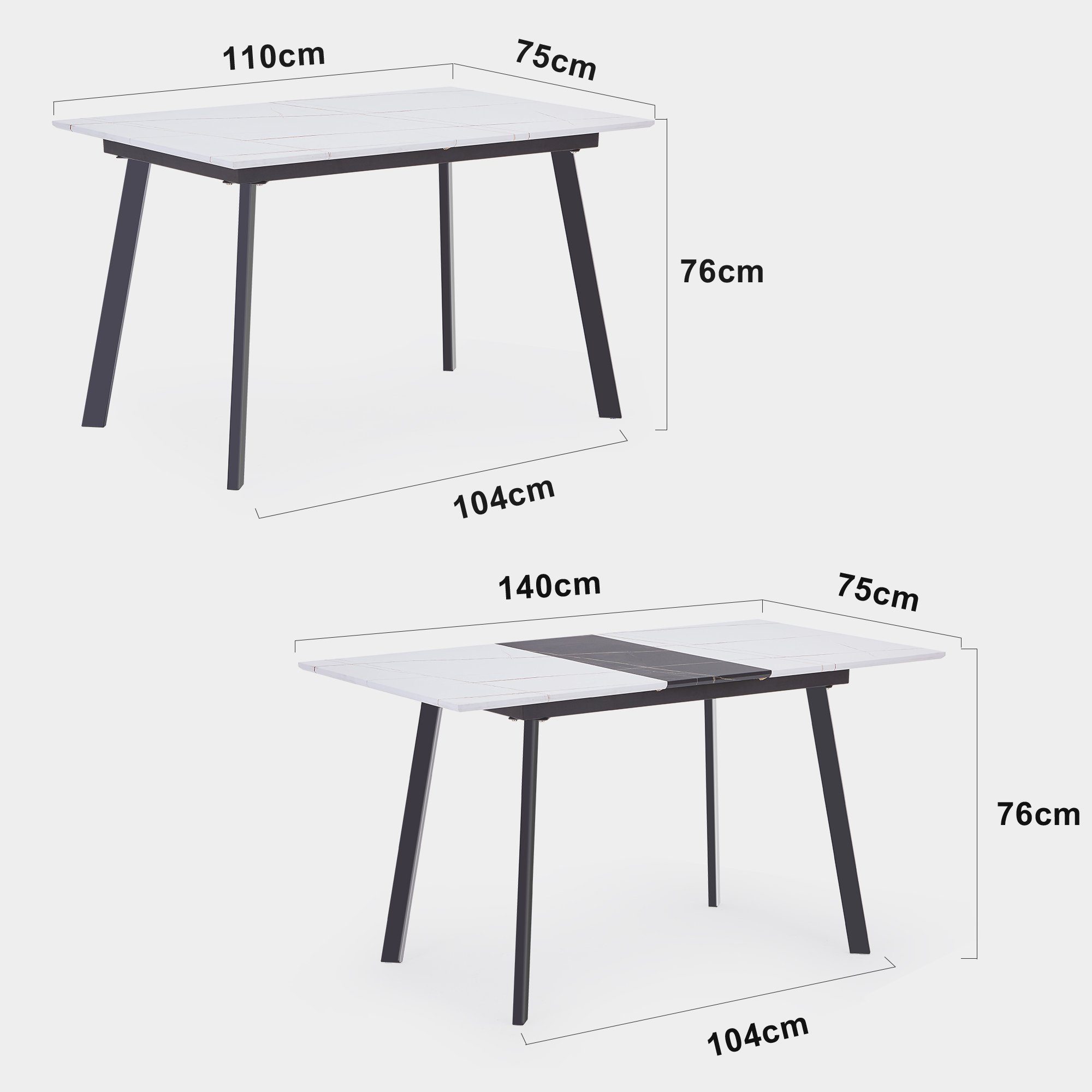 Ausziehbarer mit und mattweiße Weiß+Schwarz (Stahlrahmen Esstisch 1-St), und Vierkantrohrbeine, Massivholzeinlagen für Esstisch Tischplatte Heim Doppelnutzung Büro Ulife