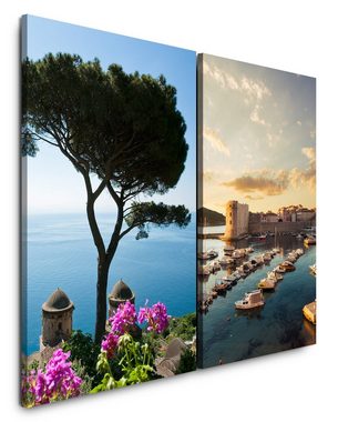 Sinus Art Leinwandbild 2 Bilder je 60x90cm Ravello Italien Amalfiküste Mittelmeer Boote Hafen Sommer