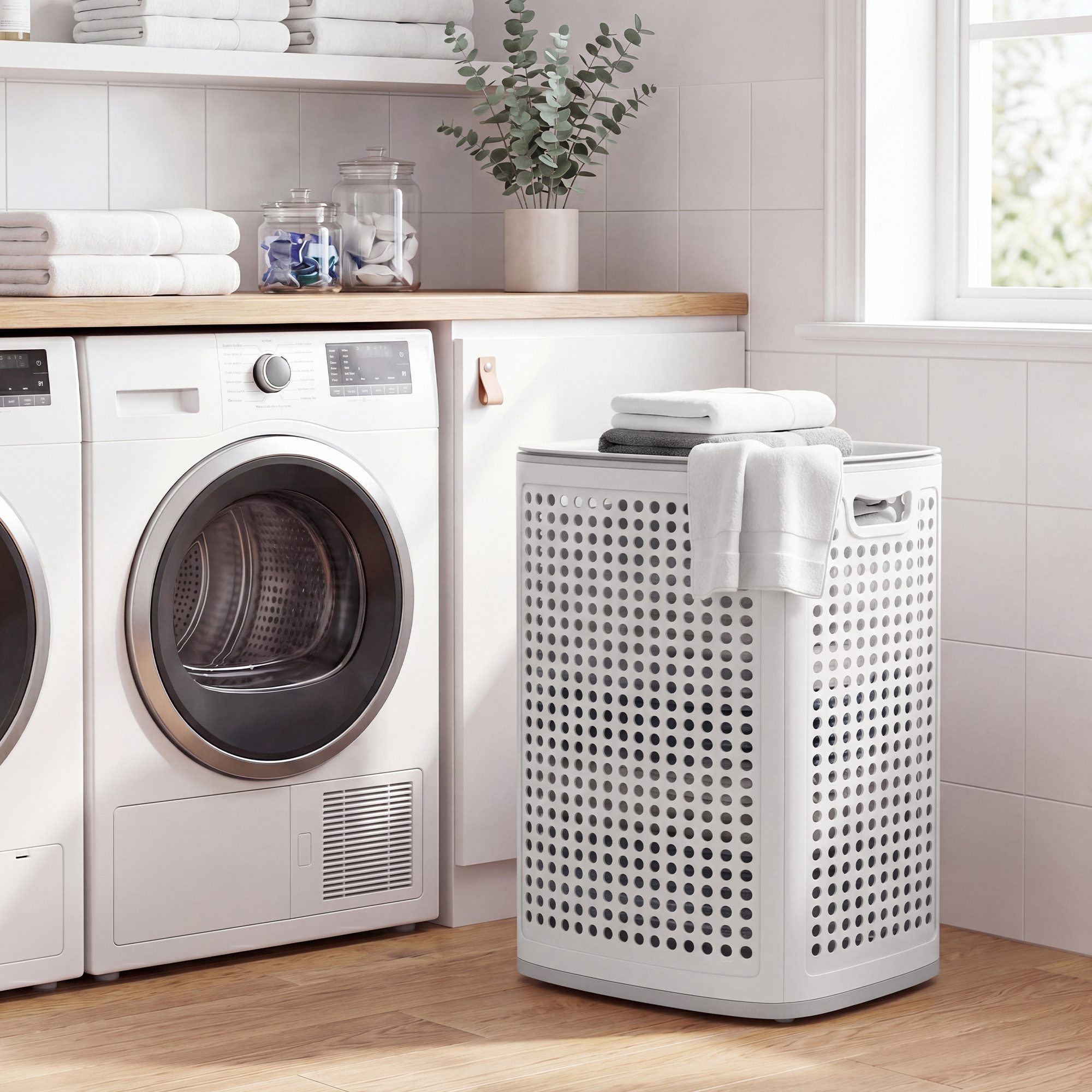 SONGMICS Wäschekorb mit Deckel, Wäschesammler Plastik, für Badezimmer, Waschküche, Wäschetonne schmal, Wäschebox platzsparend, Schlafzimmer, 75 L