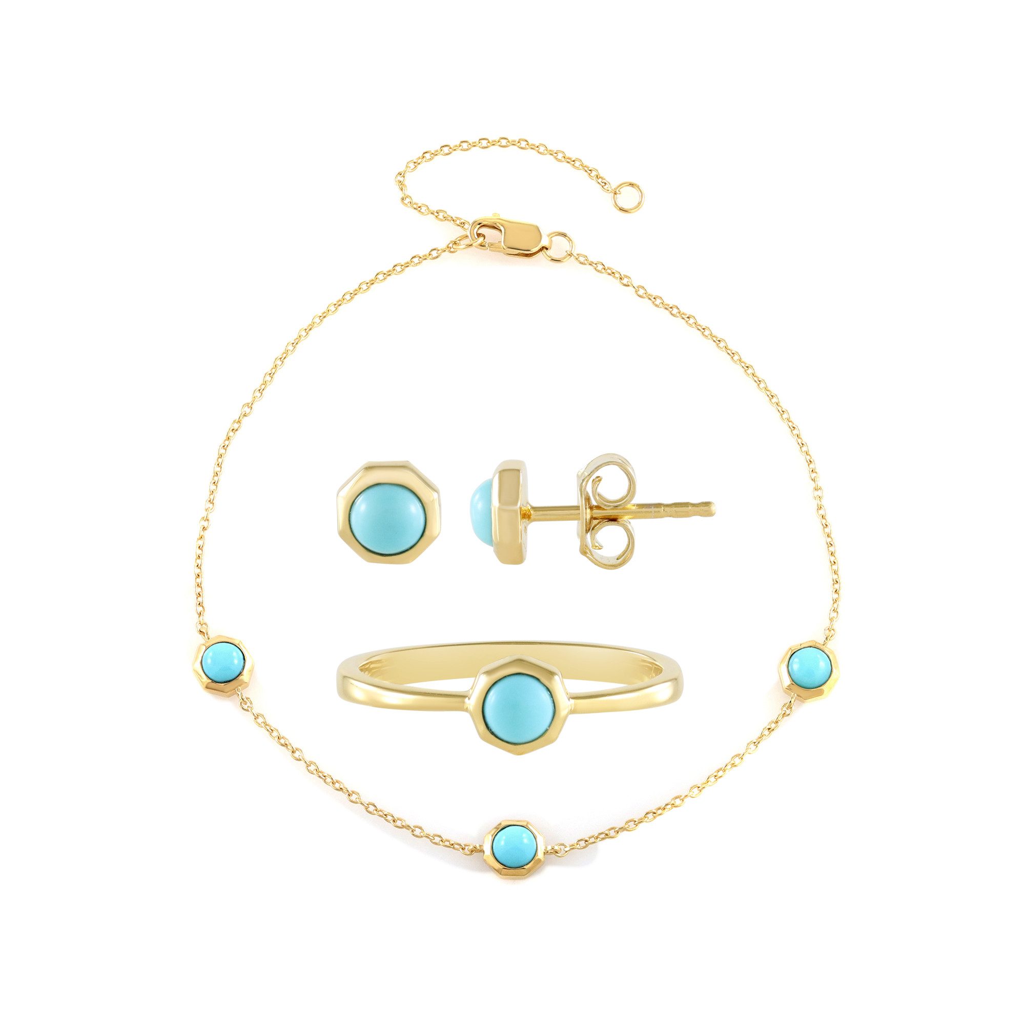 Cavill Silberring Cavill Schmuckset Sterlingsilber 18K Gold Türkis 6x1,62 ct Rund (1-tlg)